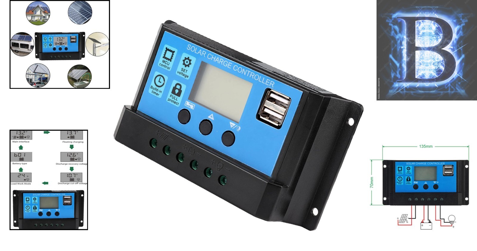 60A PWM Solar Charge Controller for 12V/24V Systems - LCD Display & Safety Fe...
