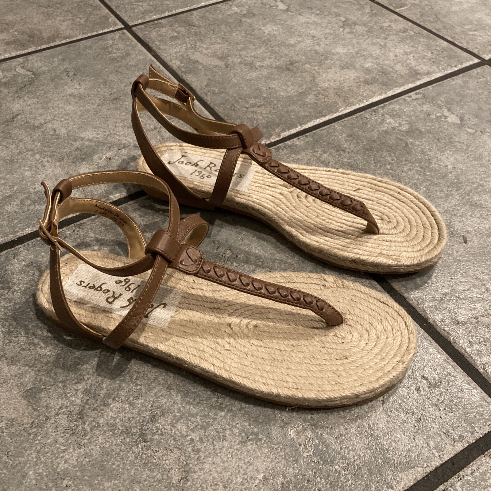 JACK ROGERS Evie Espadrille Sandal Thong Ankle Strap Leather Jute Brown 7.5 NEW