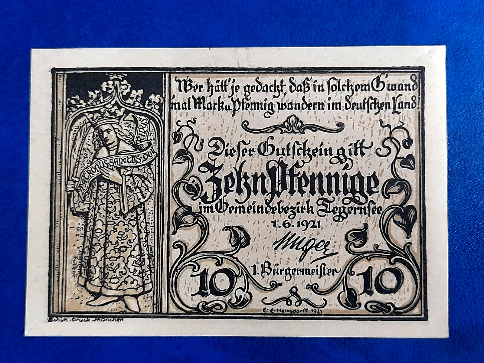 TEGERNSEE NOTGELD 10 PFENNIGE 1921 EMERGENCY MONEY GERMANY BANKNOTE (29184)