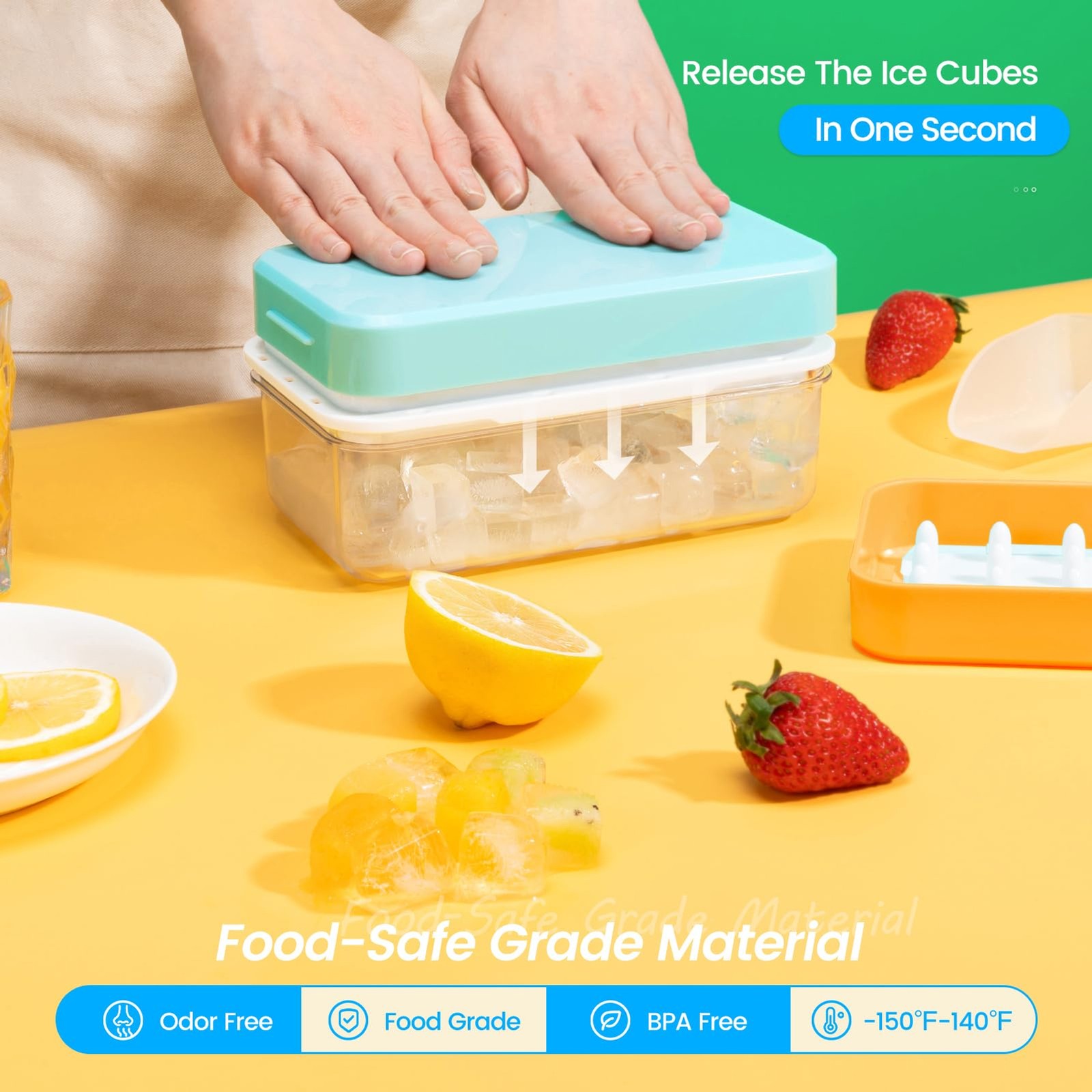 2PC Ice Cube Tray with Lid and Bin 56 Cubes BPA Free Easy Release Stackable
