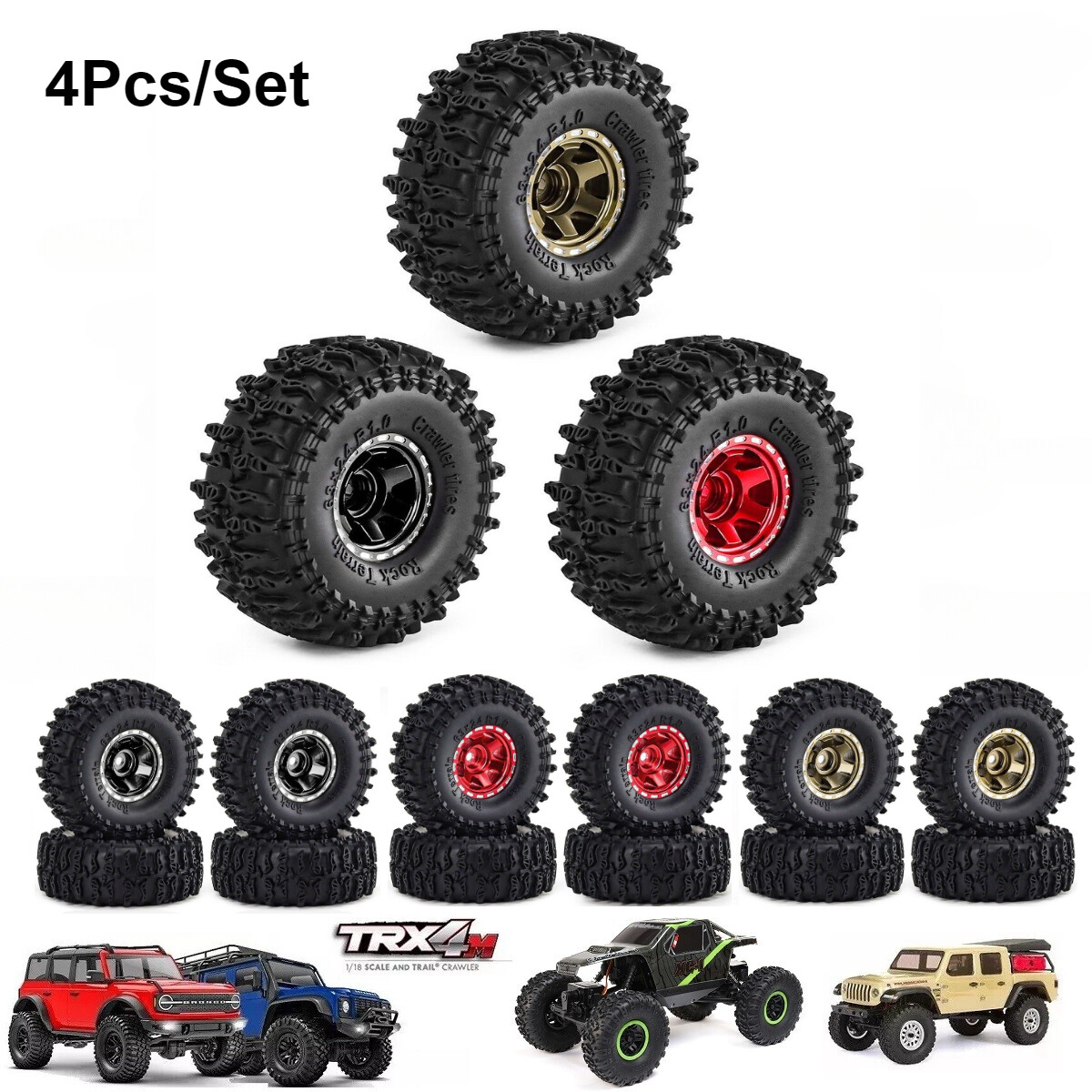 4Pcs 1.0" Beadlock Wheels and Tires Set for 1/24 SCX24 AX24 FCX24 1/18 TRX4M