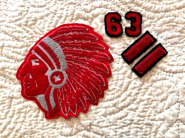 Red Varsity Letterman Jacket Chenille Indian Chief Head Numbers Bar patches Set