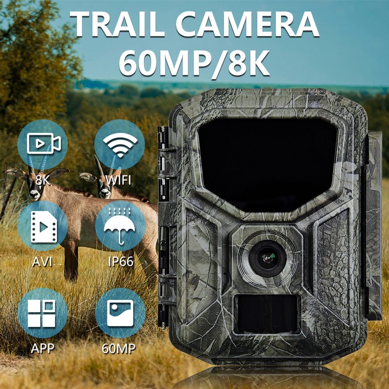 HD 8K 60MP WiFi Trail Deer Camera Infrared Hunting PIR Solar Panel Outdoor H2W