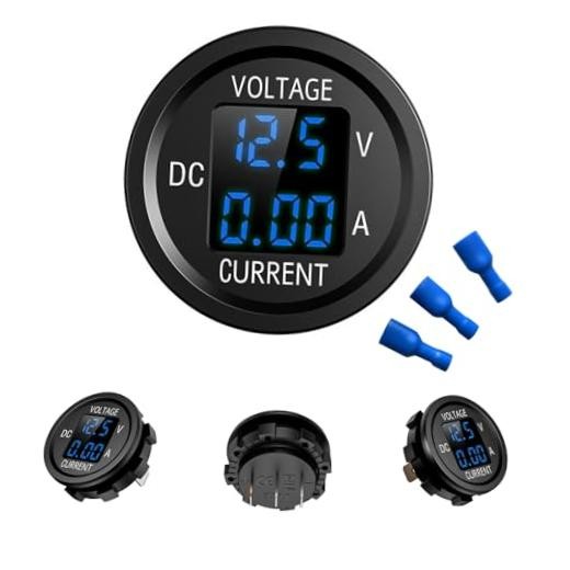 12V-24V DC LED Digital Voltmeter Ammeter, Waterproof Round Volt Amp Meter, Blue