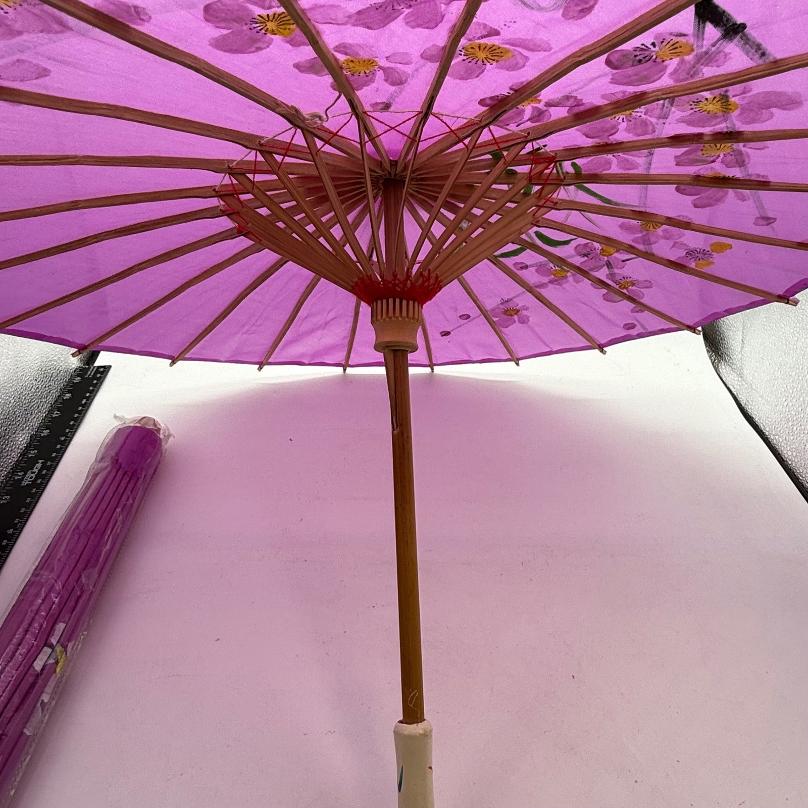 Purple Paper Parasol Umbrella Floral handpainted Bamboo  Handle Asian lot of 2