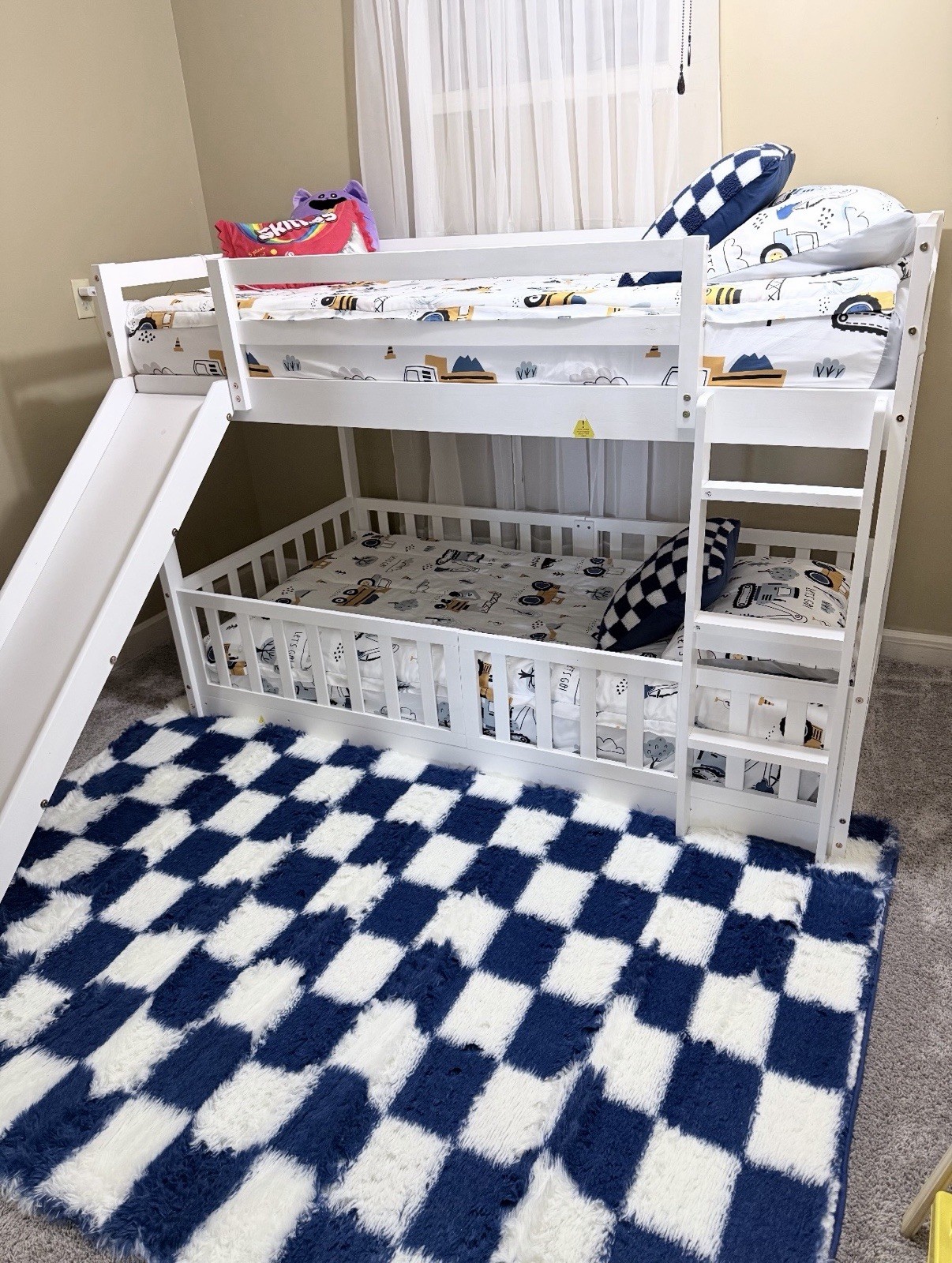 White Twin-over-Twin Bunk Bed with Slide