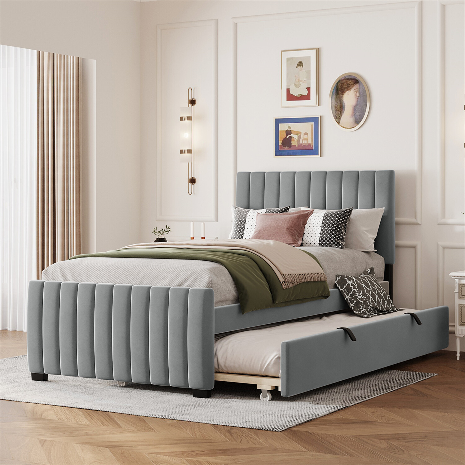 Twin Size Bed Frame Velvet Upholstered Platform Bed w/ Pull Out Trundle Gray
