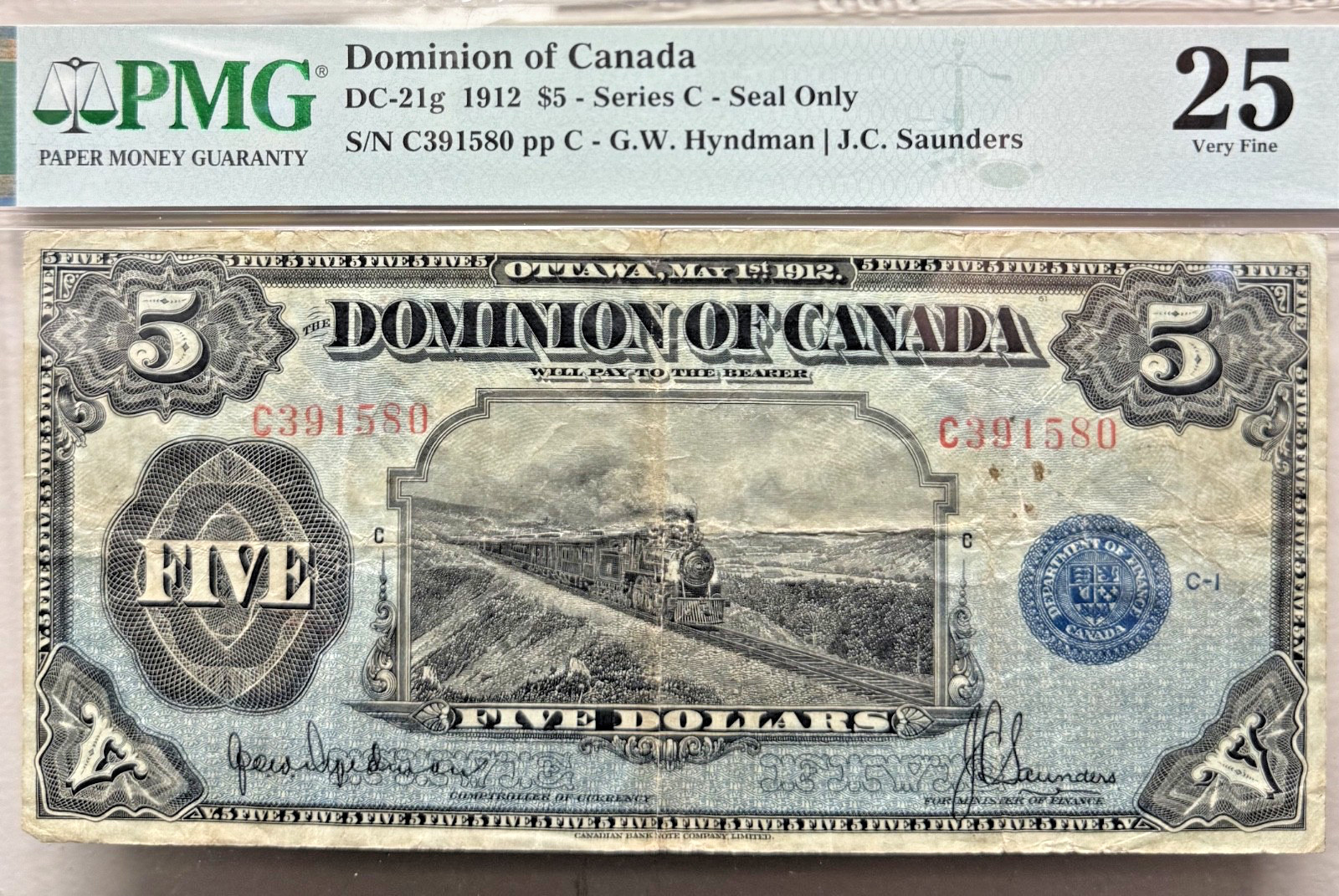 1912 Dominion of Canada $5 Series C- Seal Only Note PMG25 Very Fine