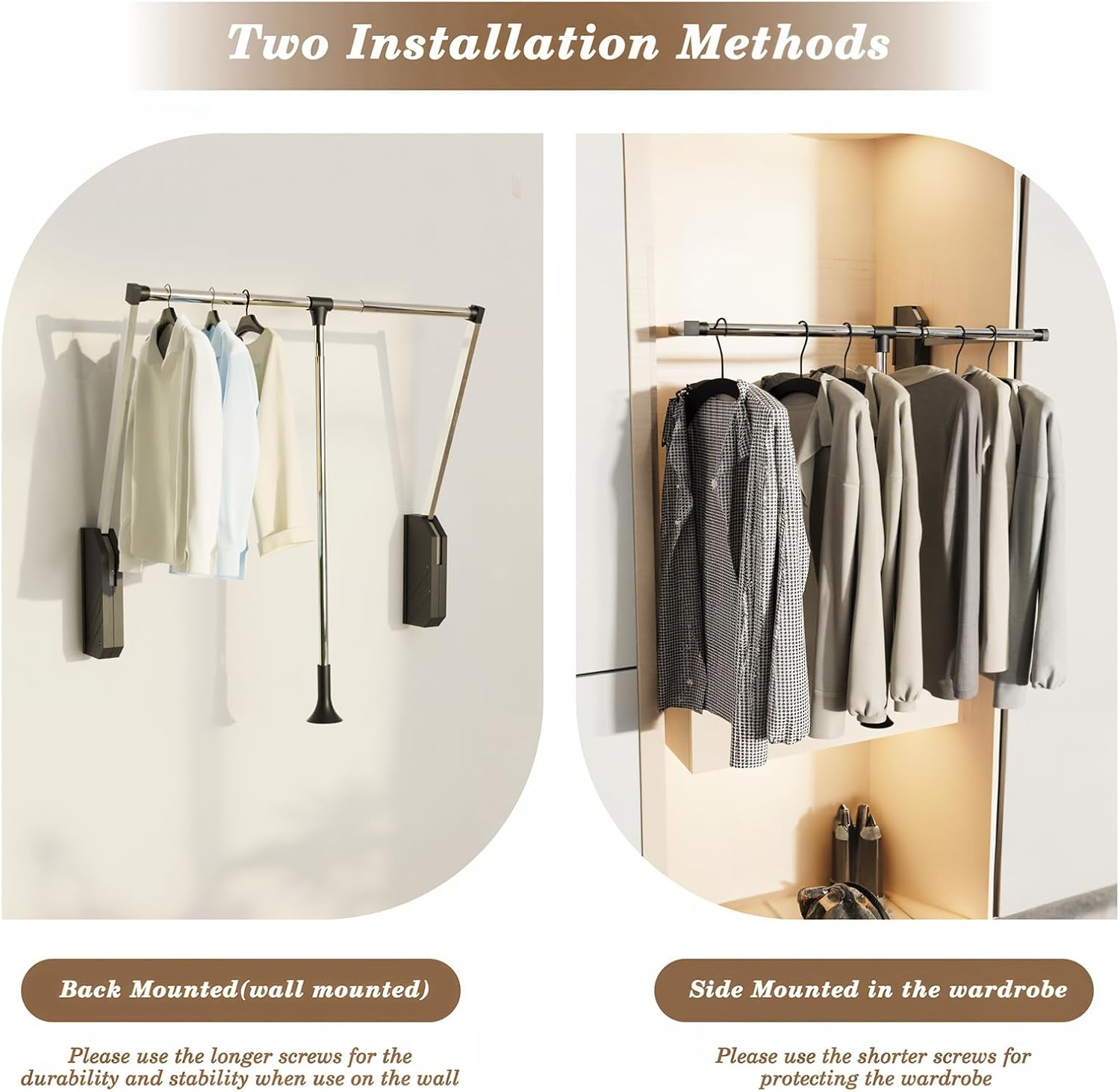 Adjustable Stainless Steel Pull Down Closet Rod, 60 Lbs Capacity, 35"-48