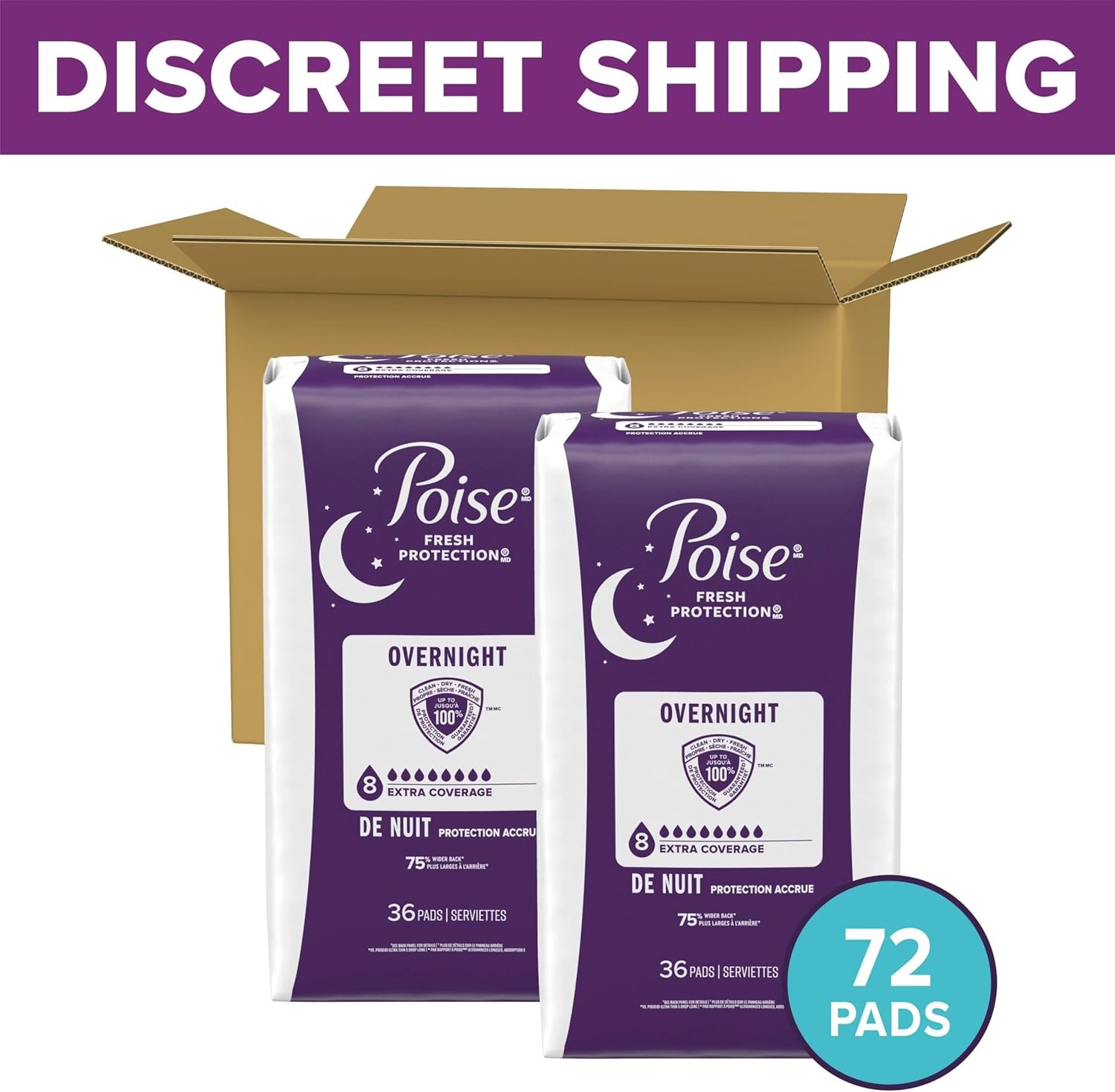 Poise Overnight Incontinence Pads, 8 Drop Absorbency, 72 Count Total
