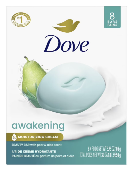 Dove Awakening Gentle Beauty Bar Soap All Skin Type, Pear and Aloe, 3.75 oz (8)B