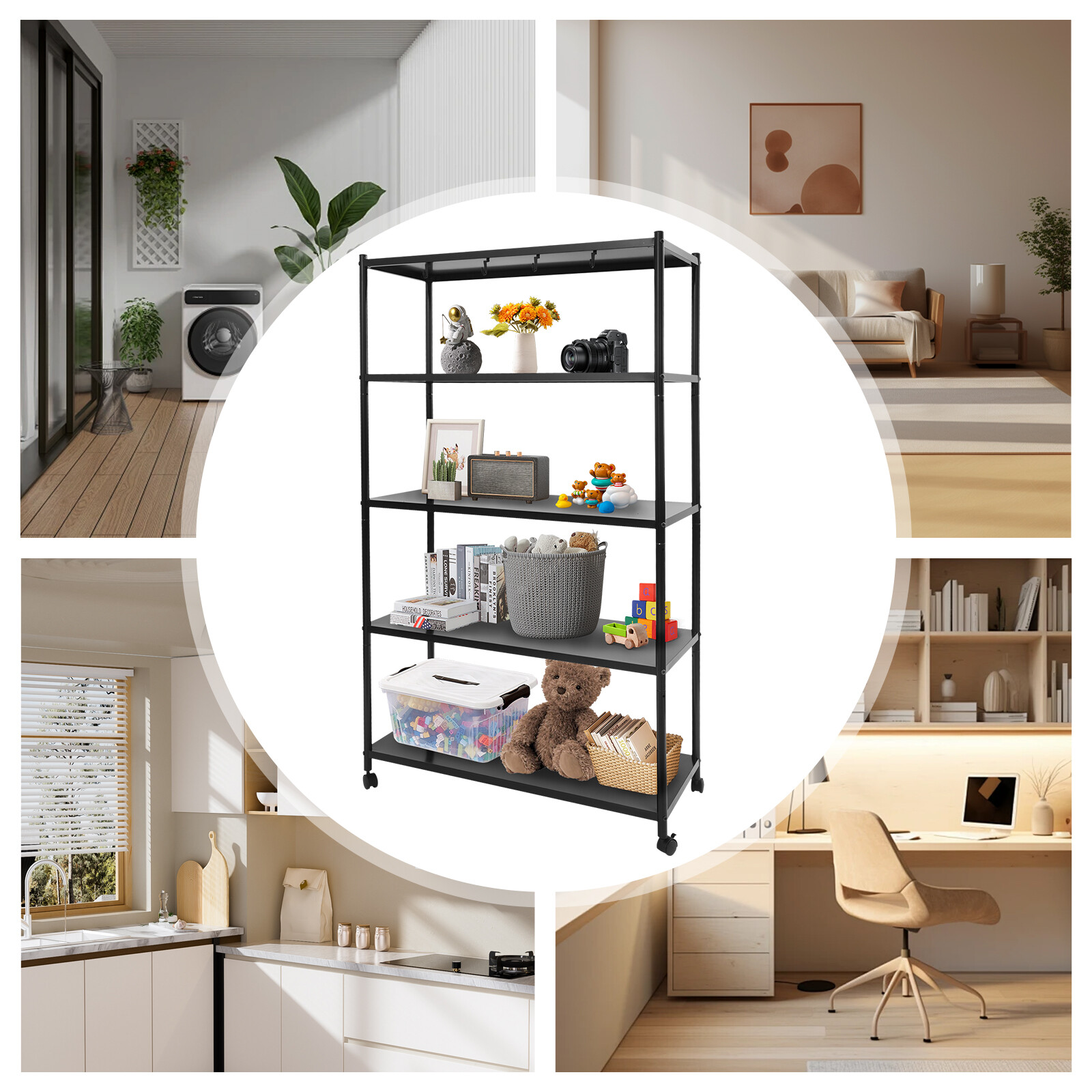 Adjustable Kitchen Storage Rack with Wheels, Storage Rack, 5 Tier Storage Rack