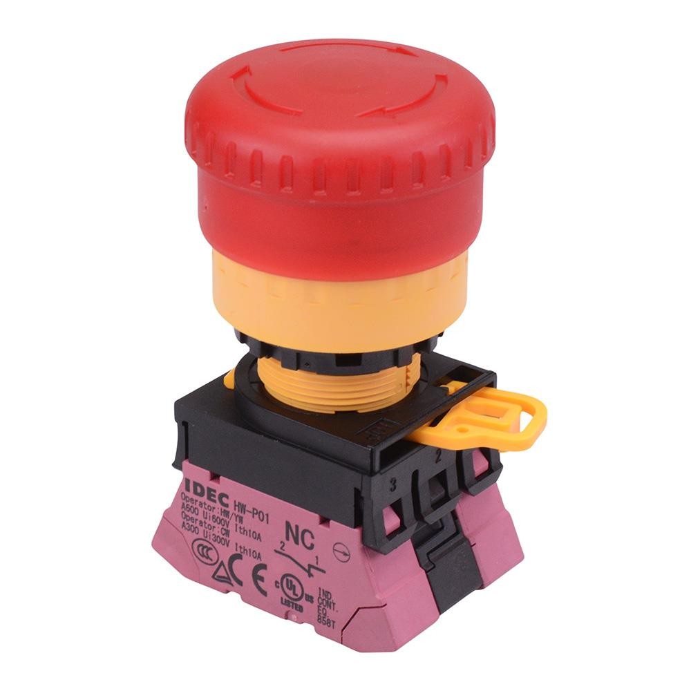 YW1L-V4P02Q4R 24V illuminated 22mm Emergency Stop Switch Push-In Terminals 2NC
