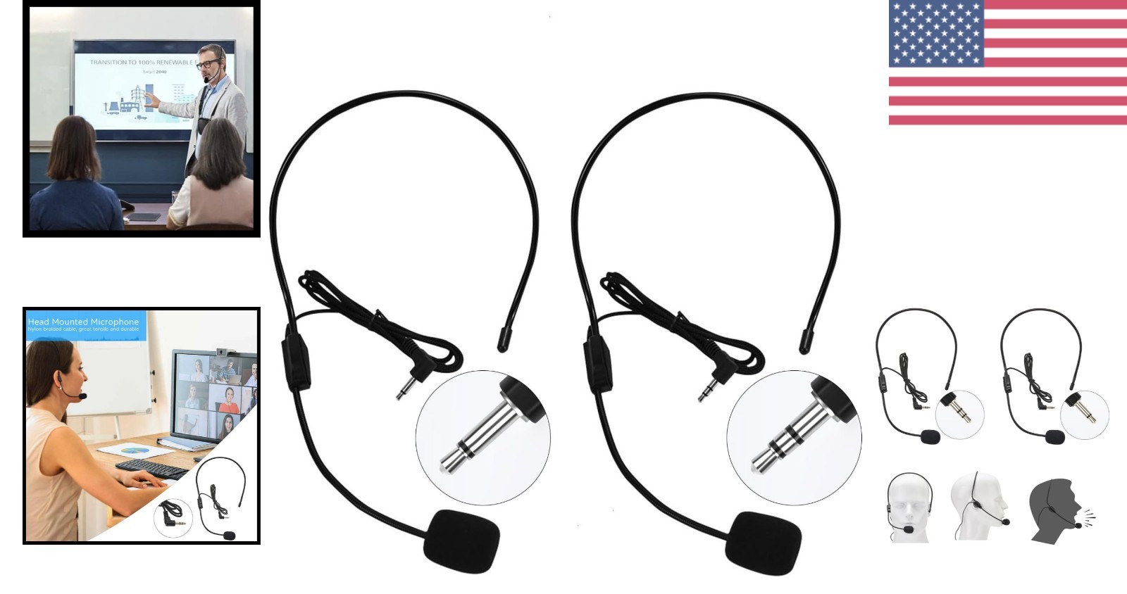 Comfortable and Adjustable Headset Microphones for Singers & Presenters - 2 Pack