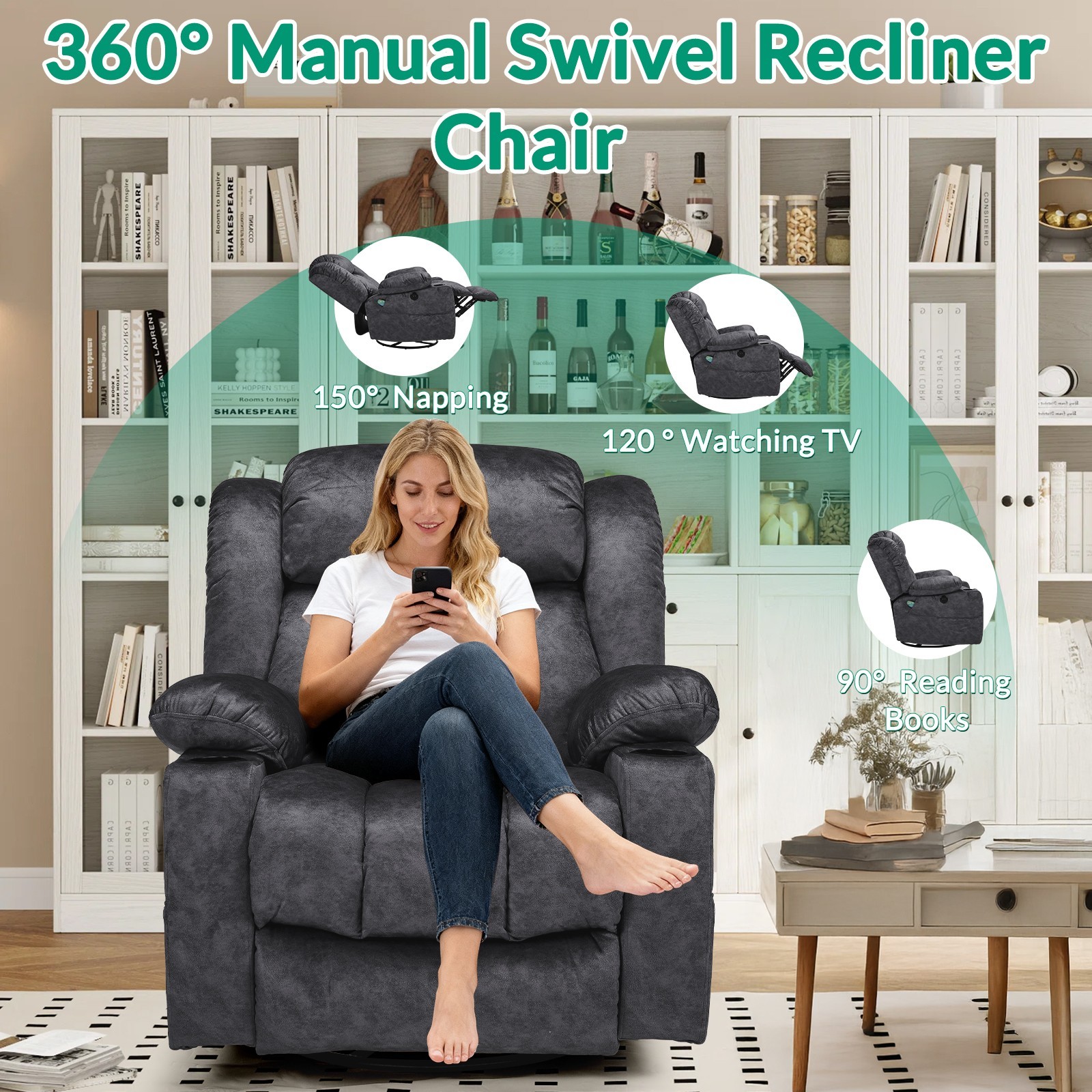Manual Swivel Rocker Recliner Glider Chair Lounge Sofa w/ Massage Heat USB Ports