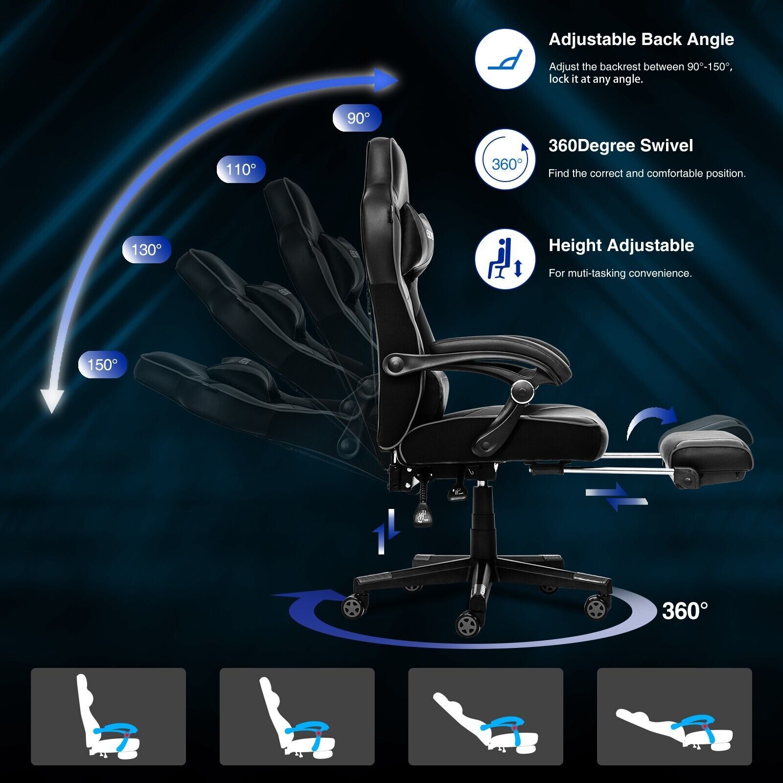 ELECWISH Gaming Chair Gray Computer Office Swivel Recliner Chair with Footrest