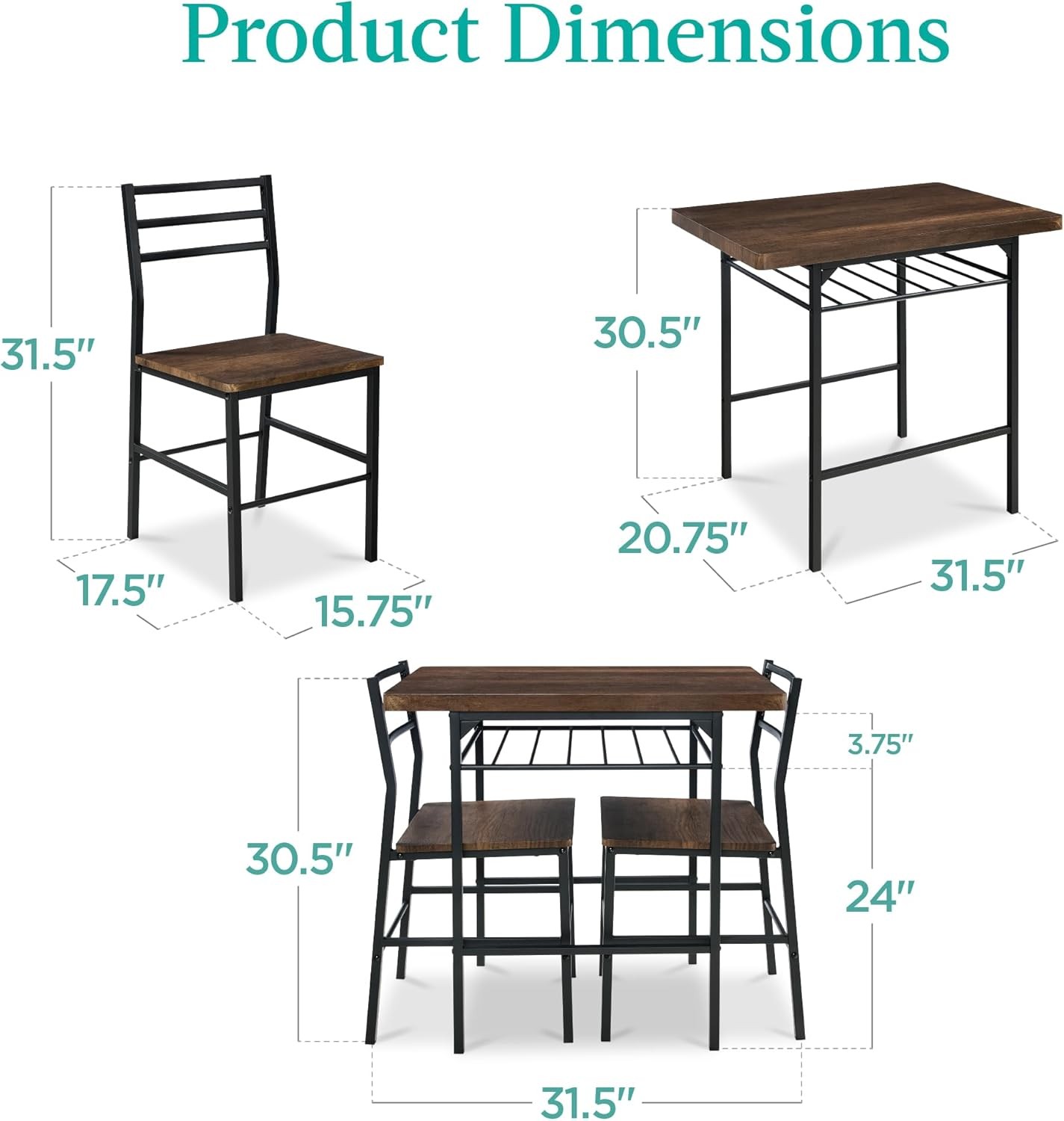 Choice Products 3-Piece Modern Dining Set, Space Saving Dinette for Kitchen,
