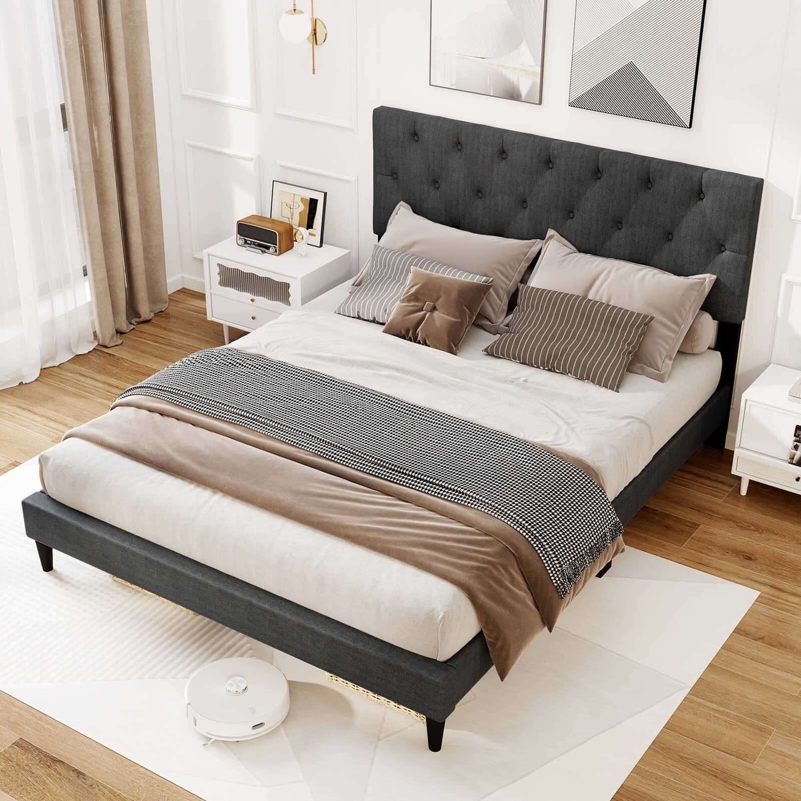 Queen Size Bed Frame w/ Button-Tu'ed Headboard & Wooden Slats Easy Assembly