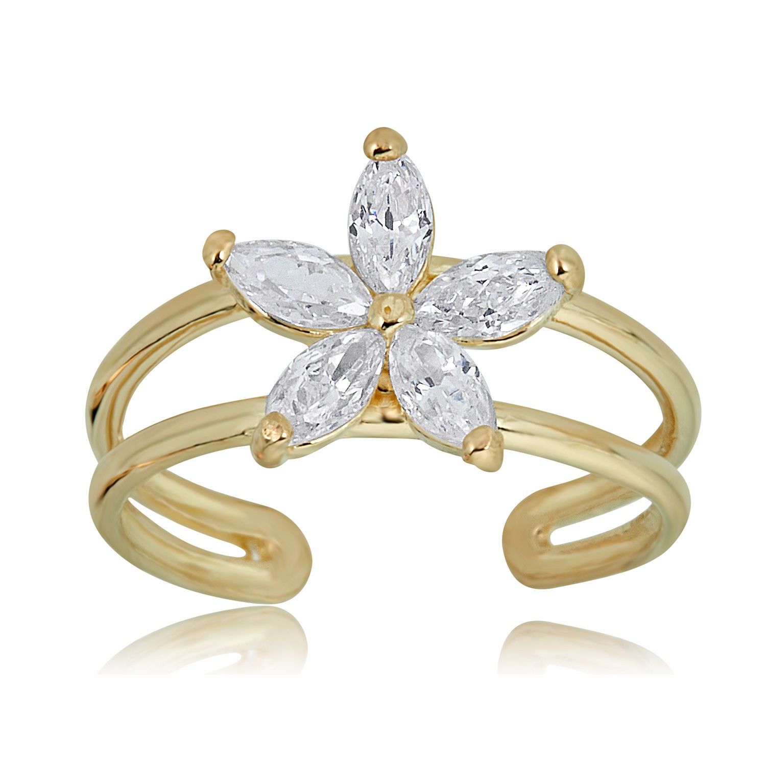 AVORA 10K Yellow Gold Adjustable Two Row and Flower Toe Ring with Cubic Zirconia