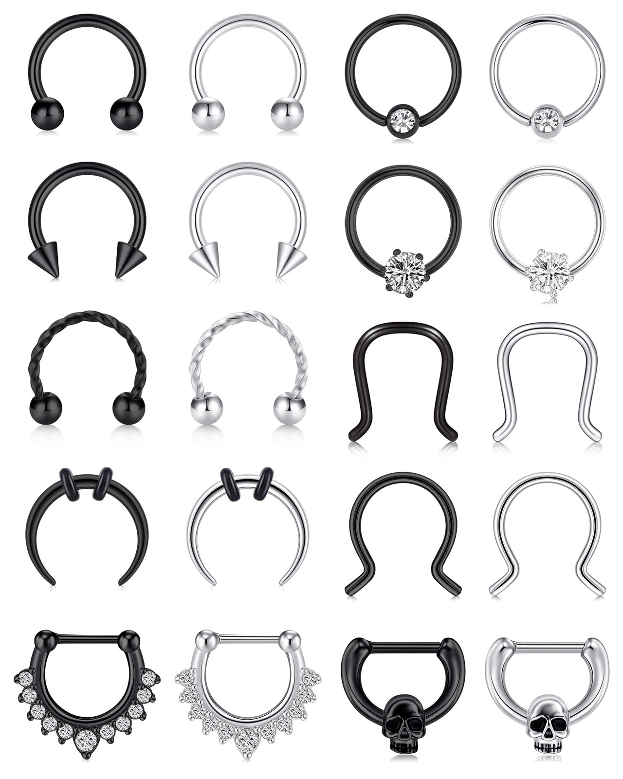 Mayhoop 16G 20Pcs Horseshoe Nose Septum Rings 316L Surgical 16G, Silver+Black