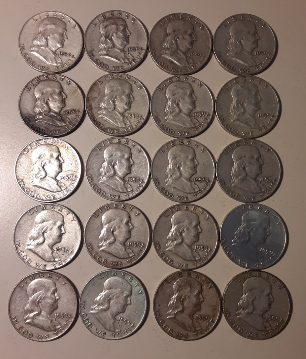 1959-D $10 Face Value 90% Silver Franklin Half Dollars various grades (#8-RDF)