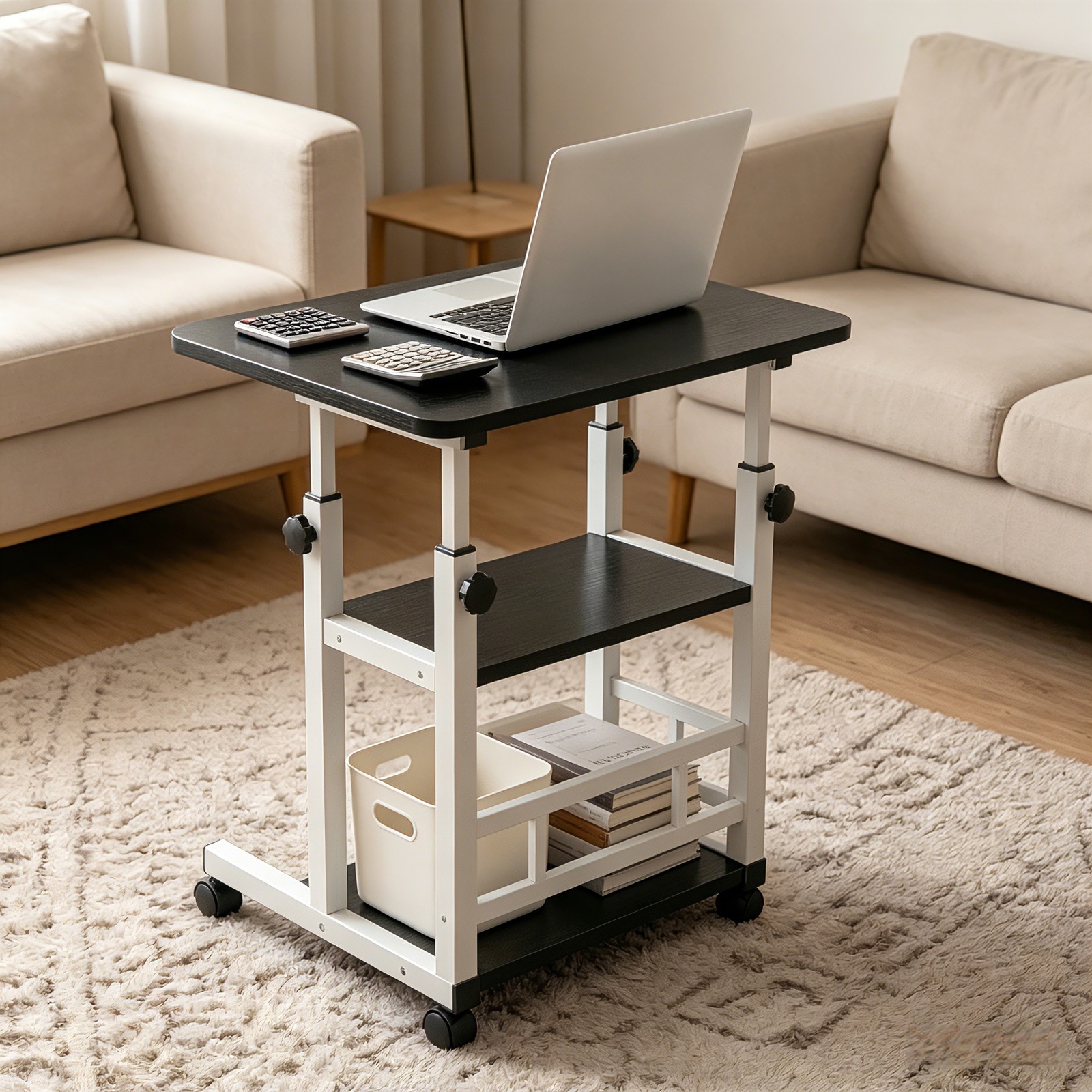 Height Adjustable Computer Desk w/ Storage Shelf Wheels Mobile Desk 3 tier BLACK