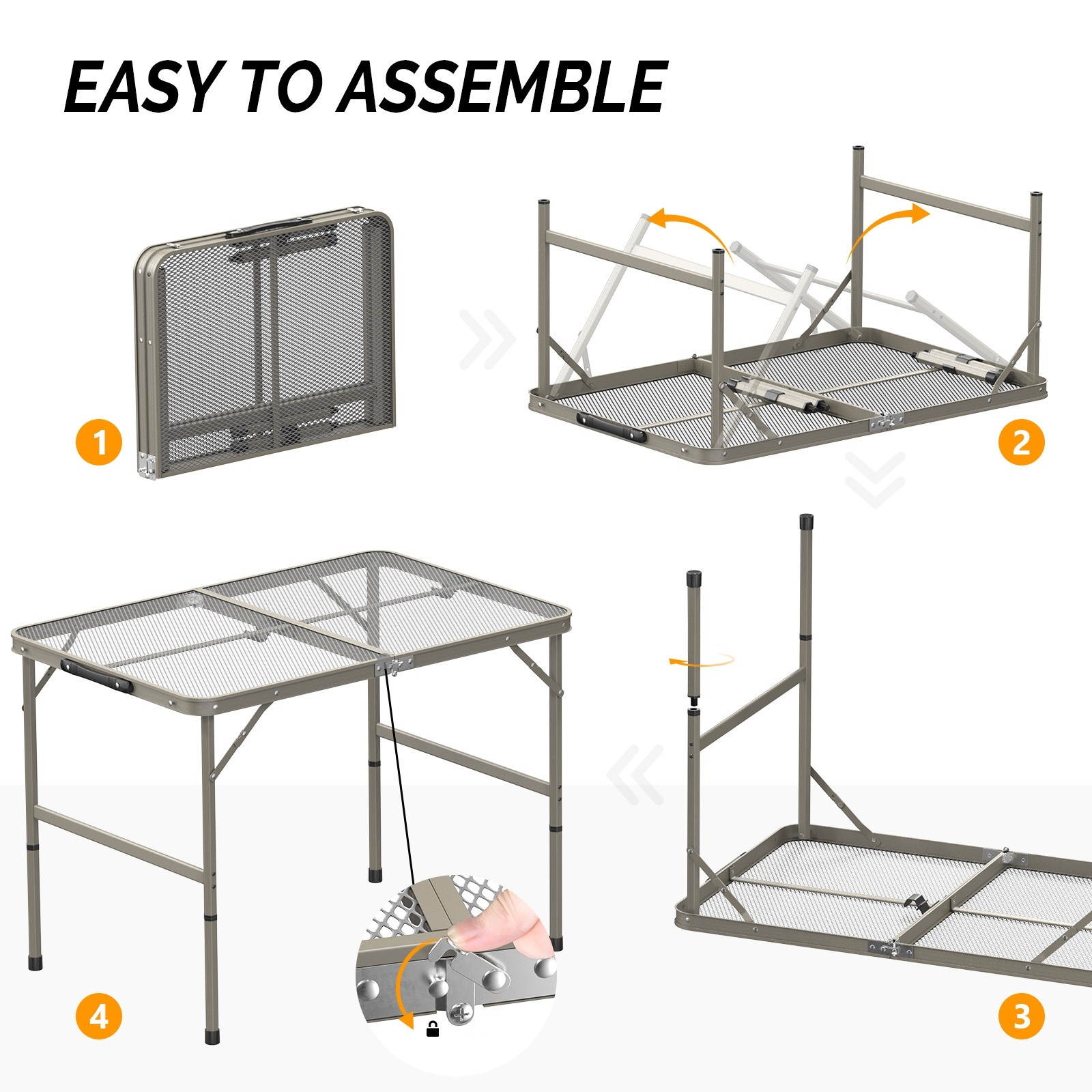 3ft Folding Camping Wire Mesh Table - Adjustable Aluminum Frame Picnic Dark Gray