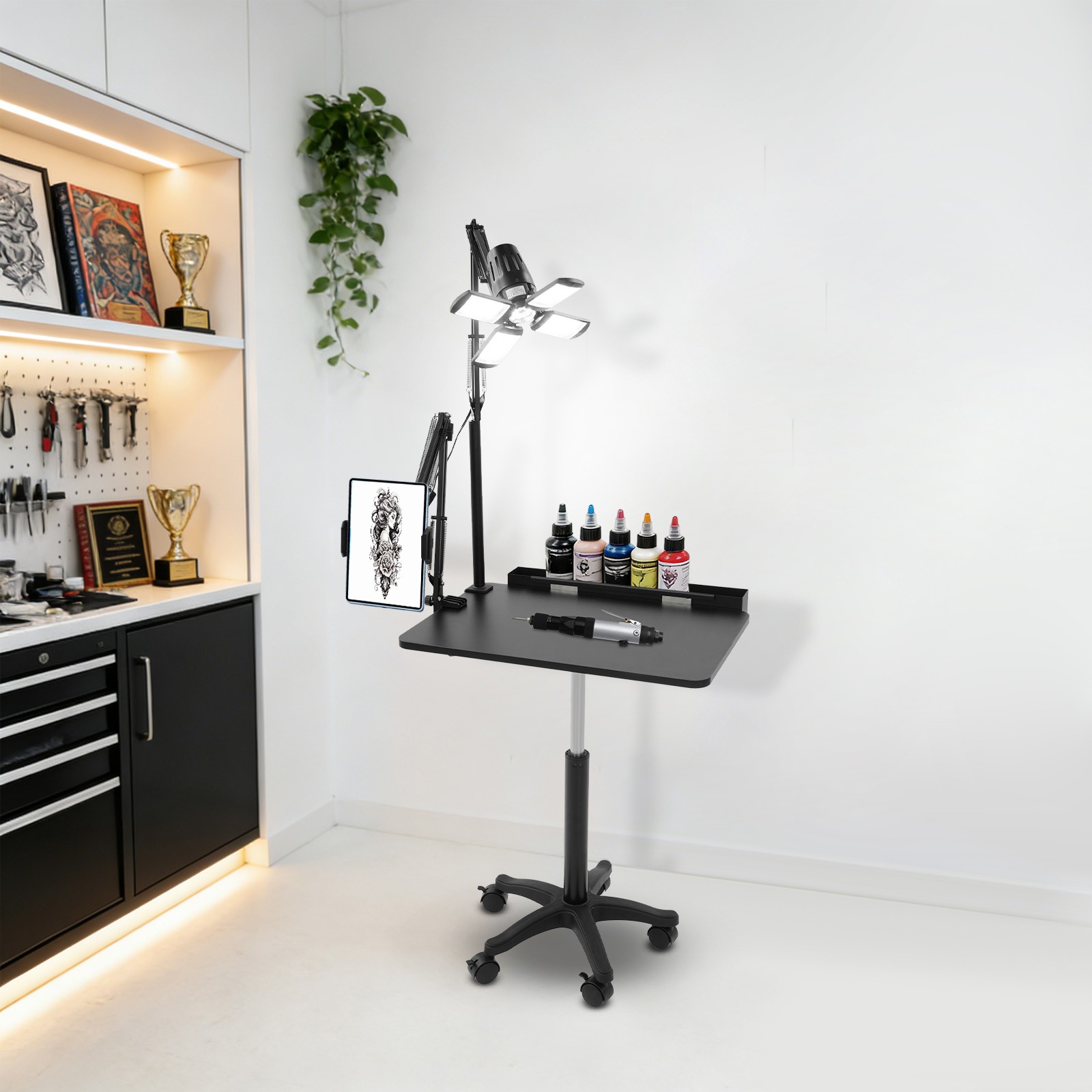 Black Salon Rolling Workstation With Led Light Adjustable Height Workstation