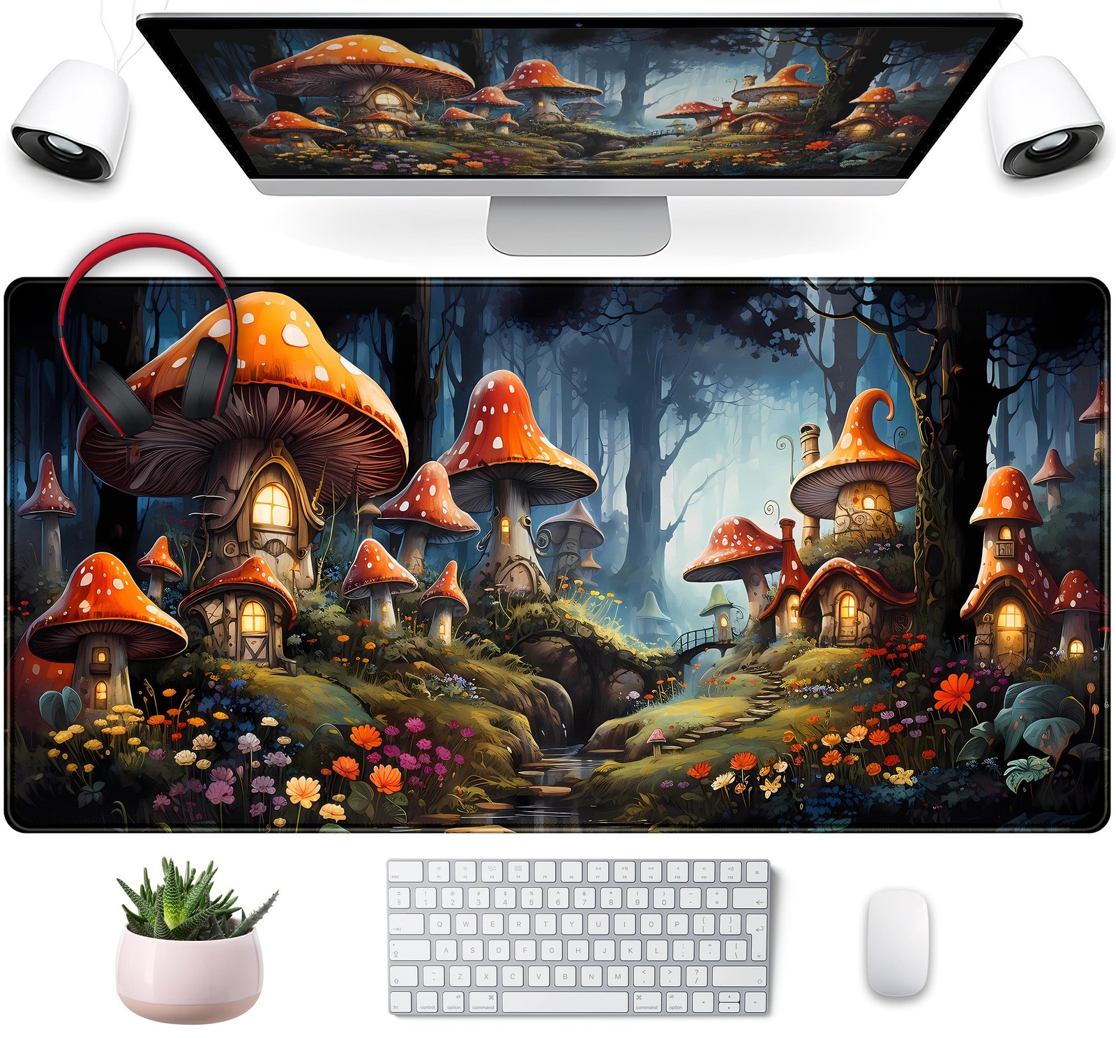 Cute Anime Mushroom Desk Pad Floral 31.5" x 15.8", Multicolored Mushrooms