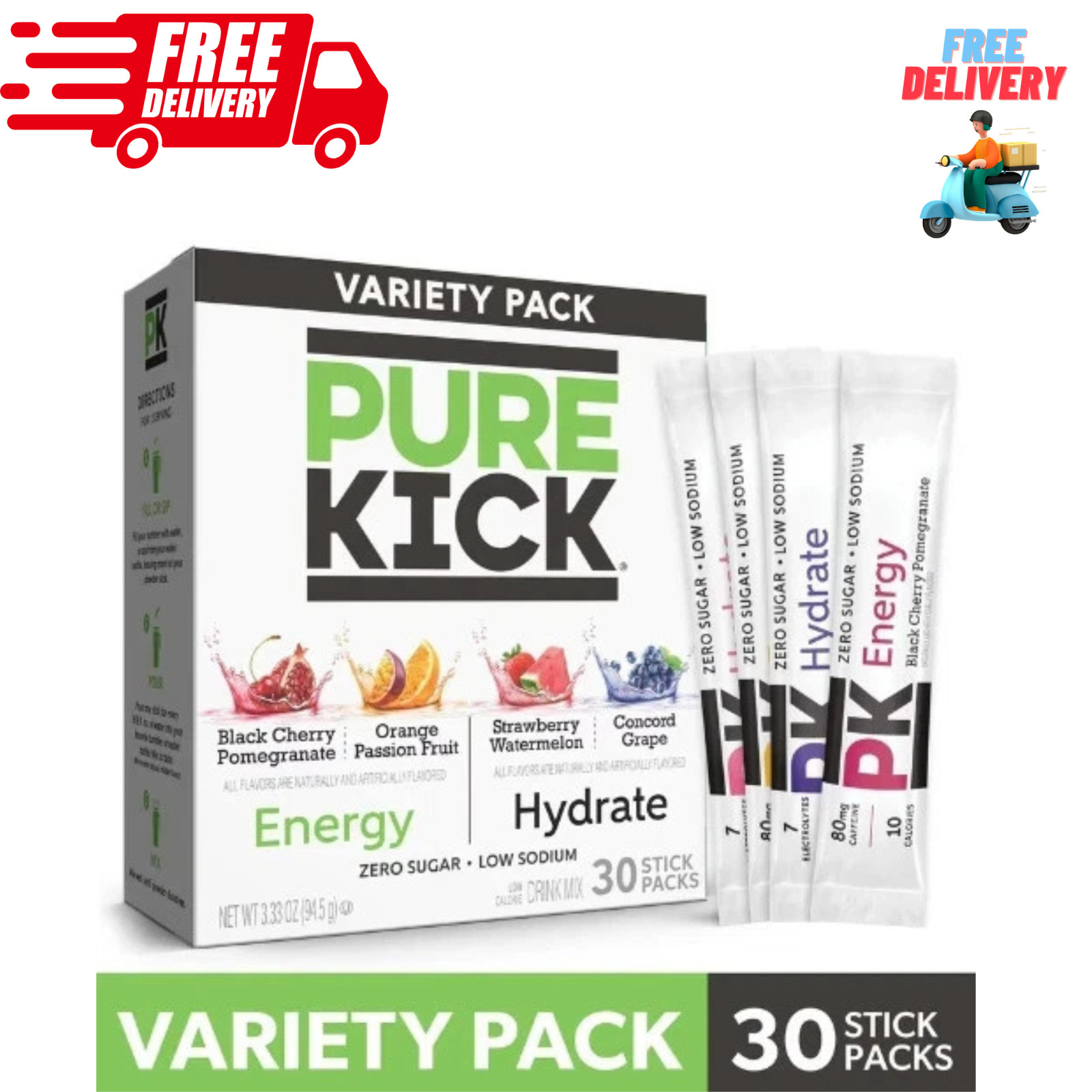 Pure Kick Energy & Hydration Electrolyte Powdered Drink Mix Variety pack, 30 Cou