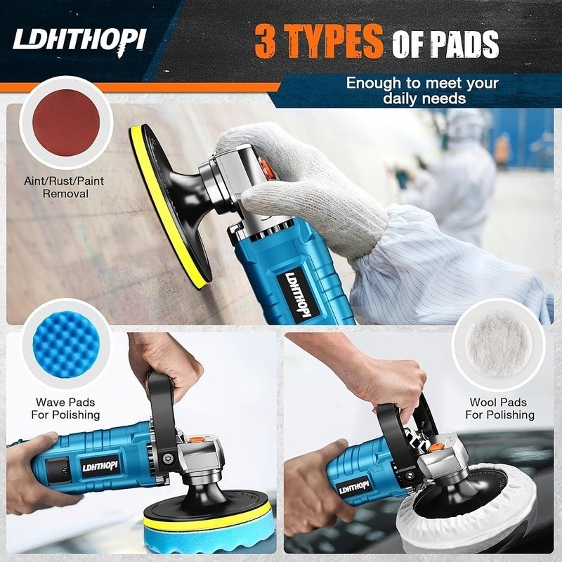 High Performance Buffer Polisher 1600W 7 Speeds 7 Pads Multi-Surface Use