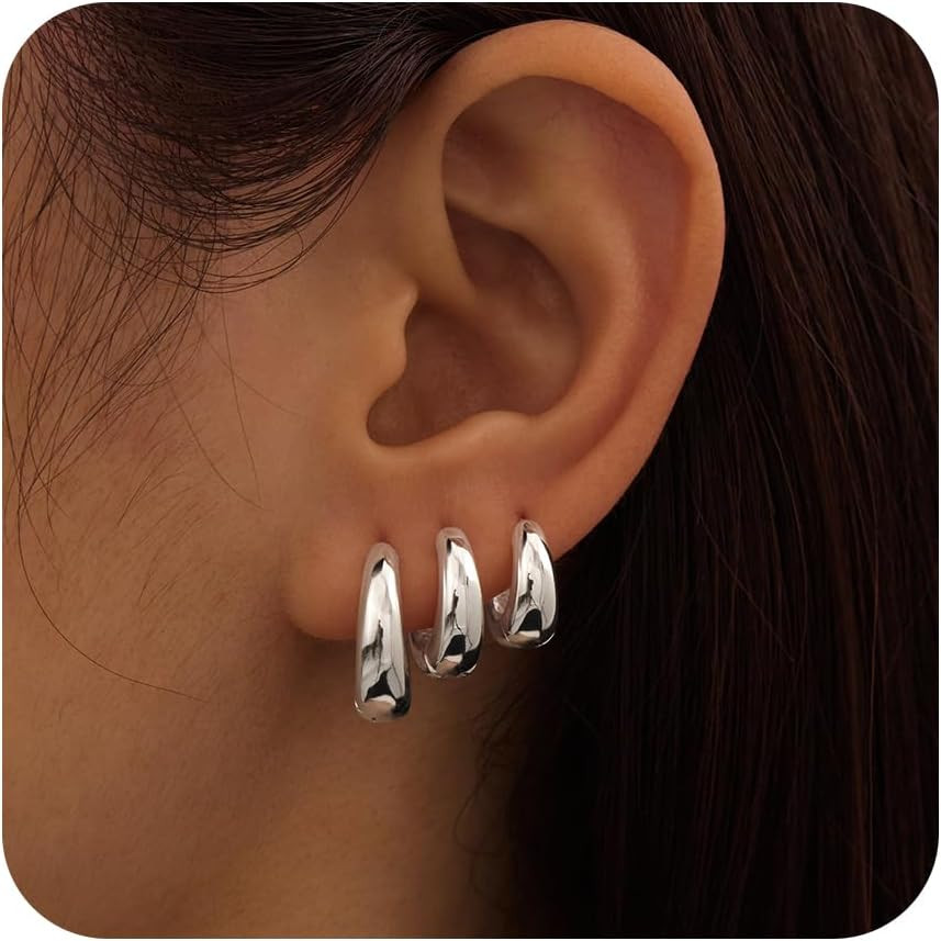 Small Sterling Silver Huggie Hoop Earrings Set for Women, Hypoallergenic 14K Gol