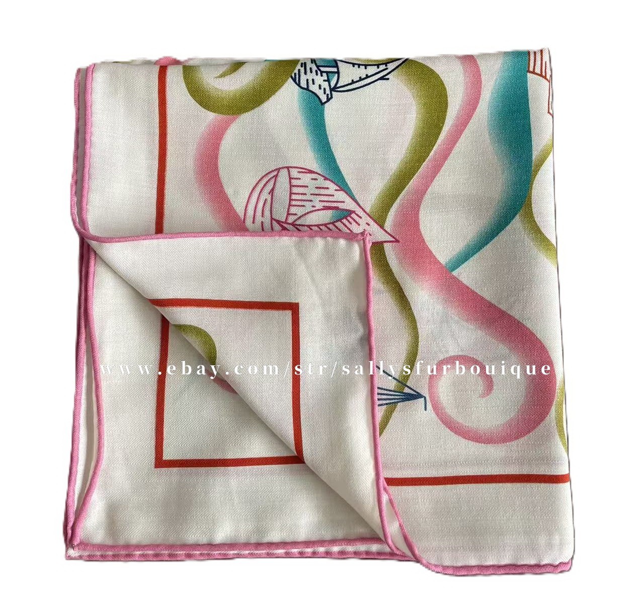 Sallys 70% Cashmere & 30% Silk Wrap Scarf Boats Print Double Face Shawl 53"