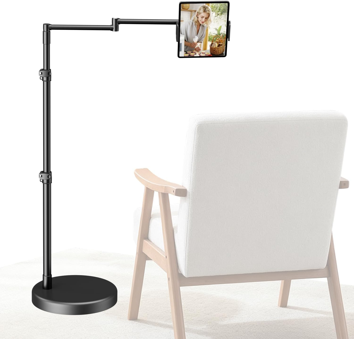 Heavy Duty Aluminum Ipad Stand for Bed with Long Swivel Arm, Floor Tablet Holder