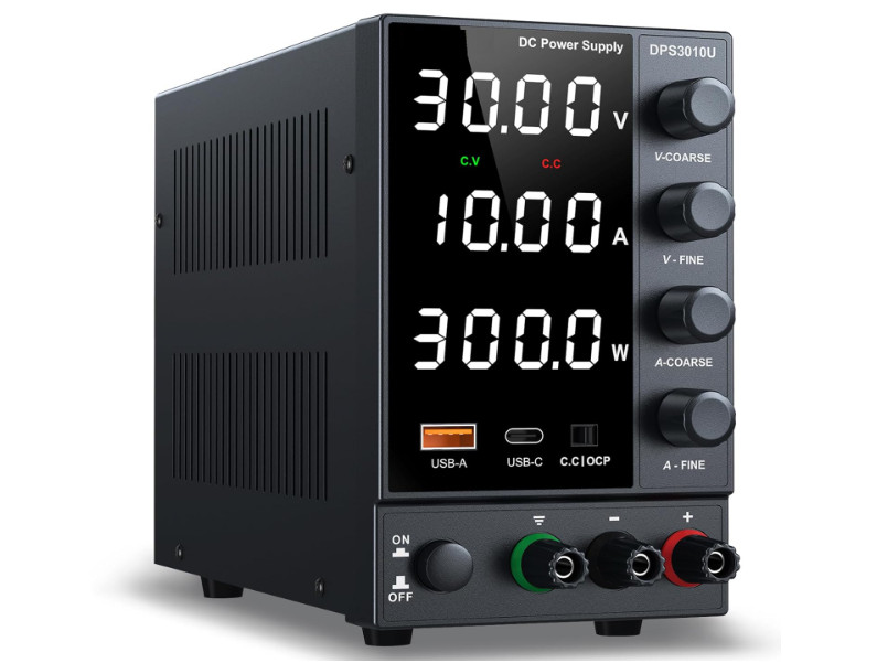 Fuente DC regulable 0-30V 10A con perilla precisa, USB-C, carga rápida y OCP