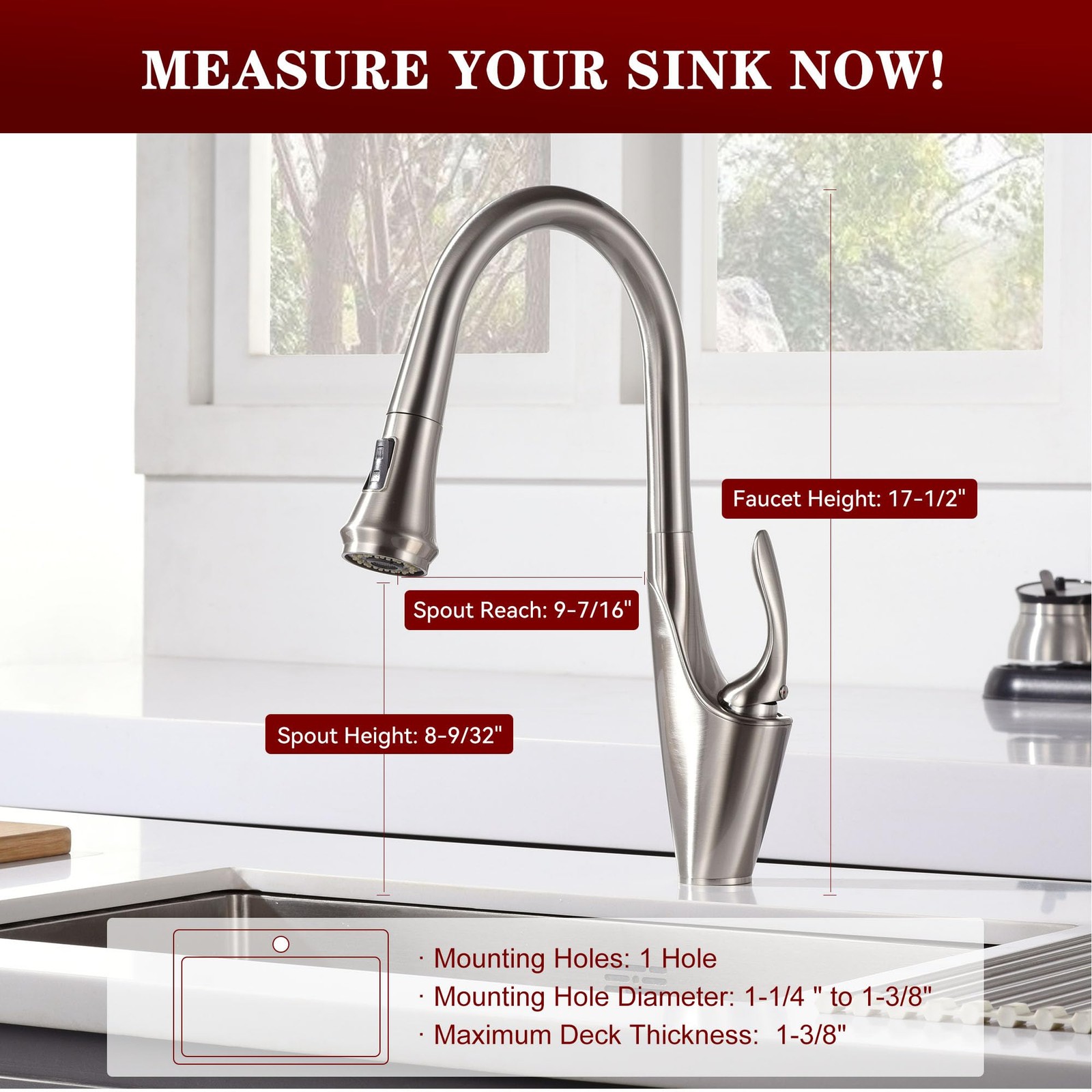 SUMERAIN Pull Out Kitchen (17-5/16") Faucet Height, Brushed Nickel