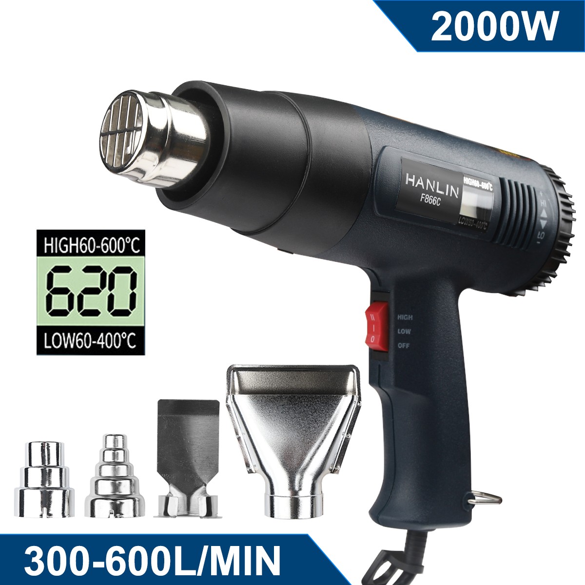 2000W Durable Heat Gun Dual Temp LCD Display 4Nozzles Multipurpose Electric 110V