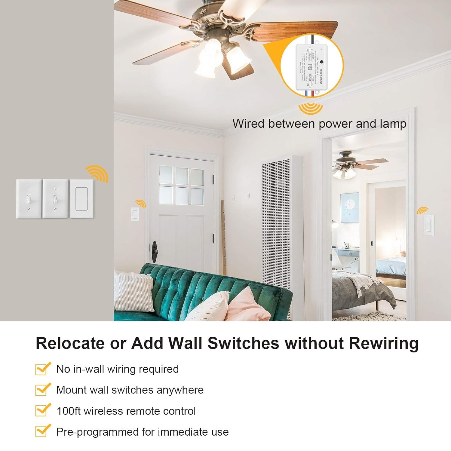 Wireless Remote Light Switch, No Wiring, No WiFi, 100ft RF Range, Pre-Program...
