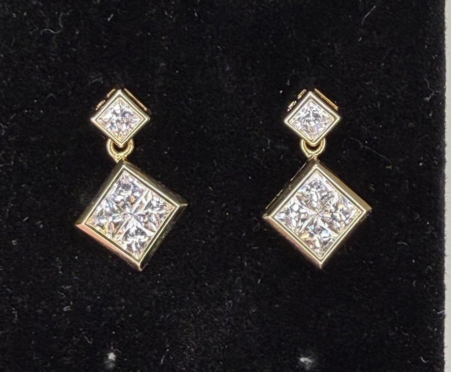 Vintage KREMENTZ 925 Sterling Silver Vermeil Princess Cut Dangle Earrings