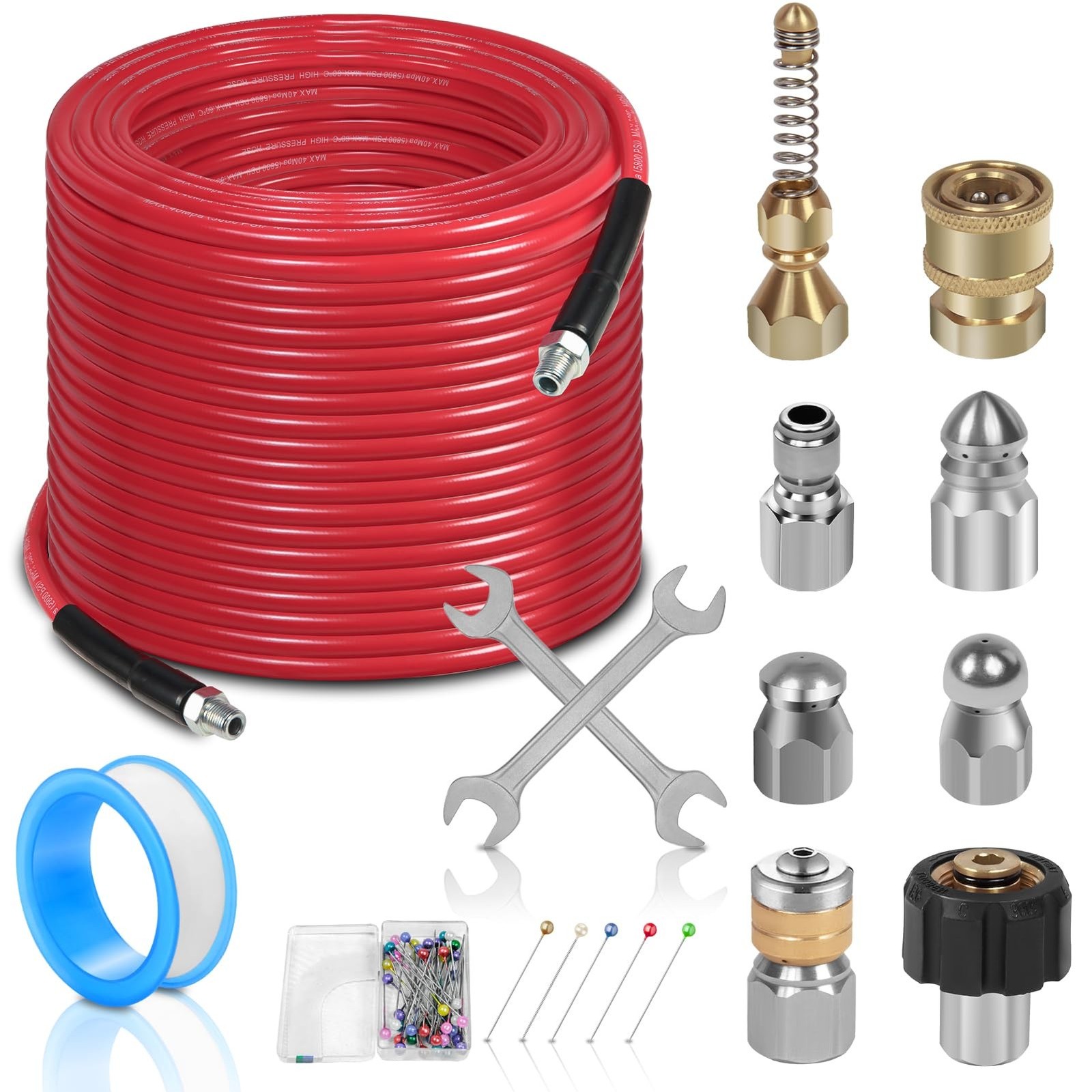 100FT Sewer Jetter Kit for Pressure Washer, 1/4''NPT Drain Cleaner Hose 5800P...