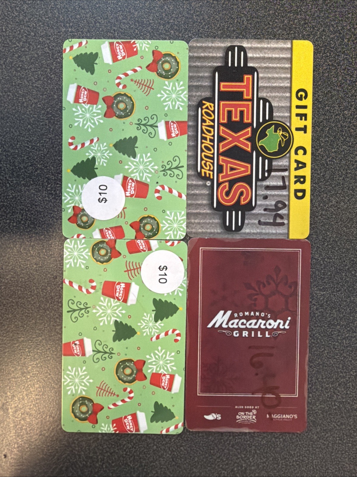 Lot of 4 Food Gift Cards Texas Roadhouse, Chili's & Honey Dew $54.34