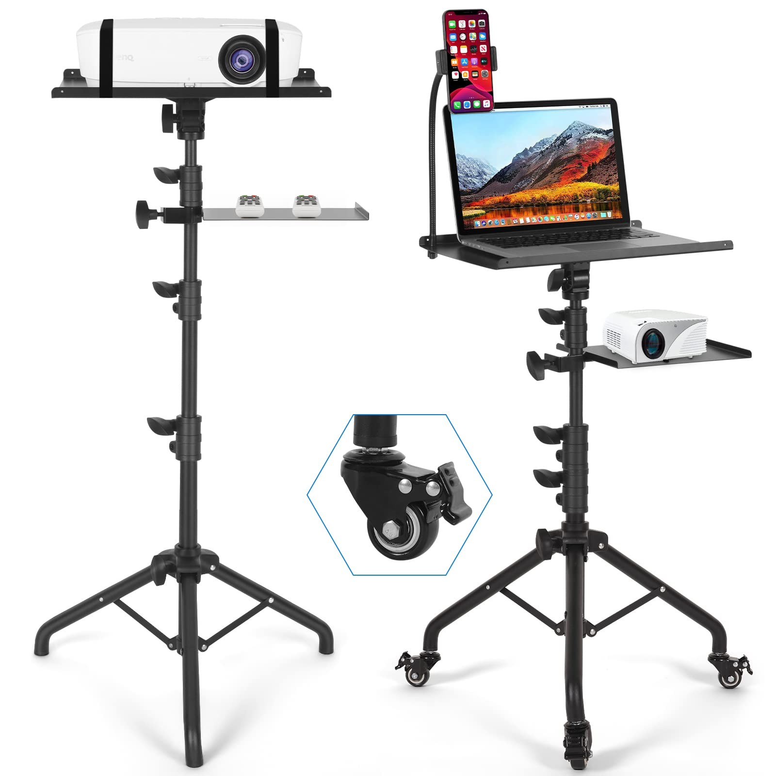 Tossbiss Laptop Tripod on Wheels with 2 Shelves, Portable Projector Floor