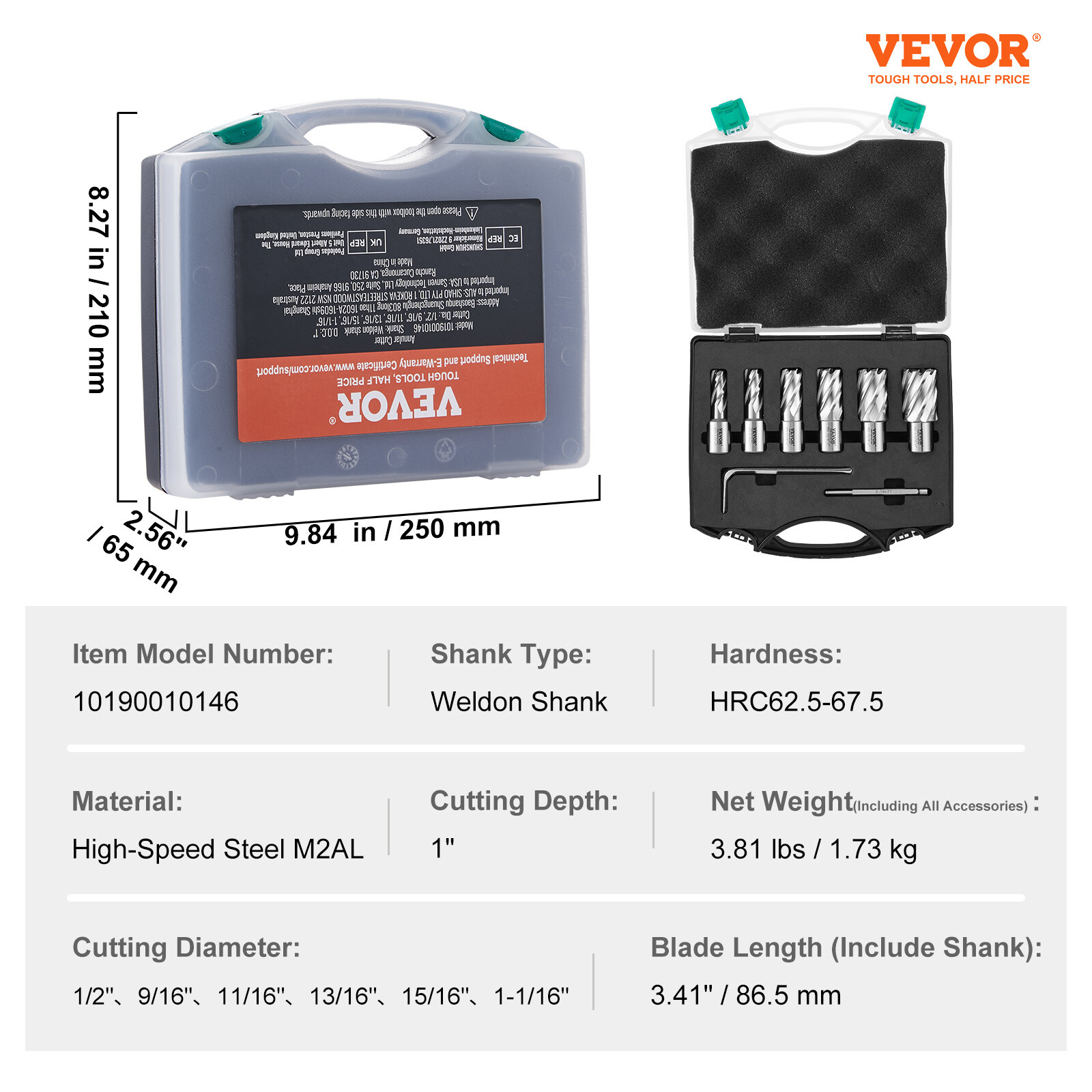 VEVOR Annular Cutter Set HSS Magnetic Drill Bits 6 PCS Weldon Shank 1" Depth