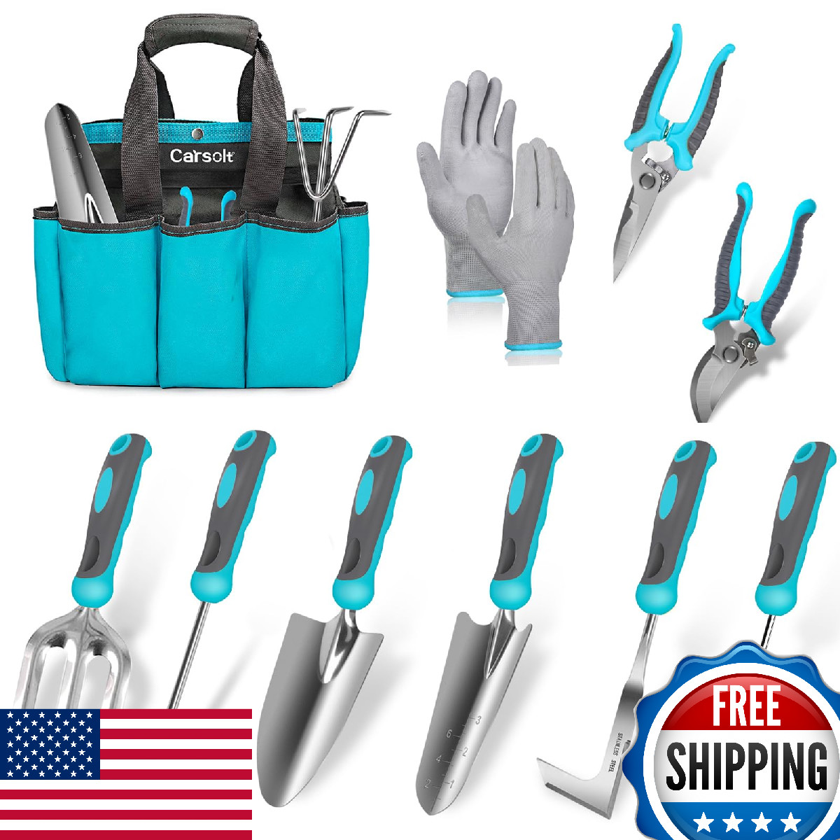 Carsolt 10-Piece Stainless Steel Heavy Duty Garden Tool Set with Tote Bag