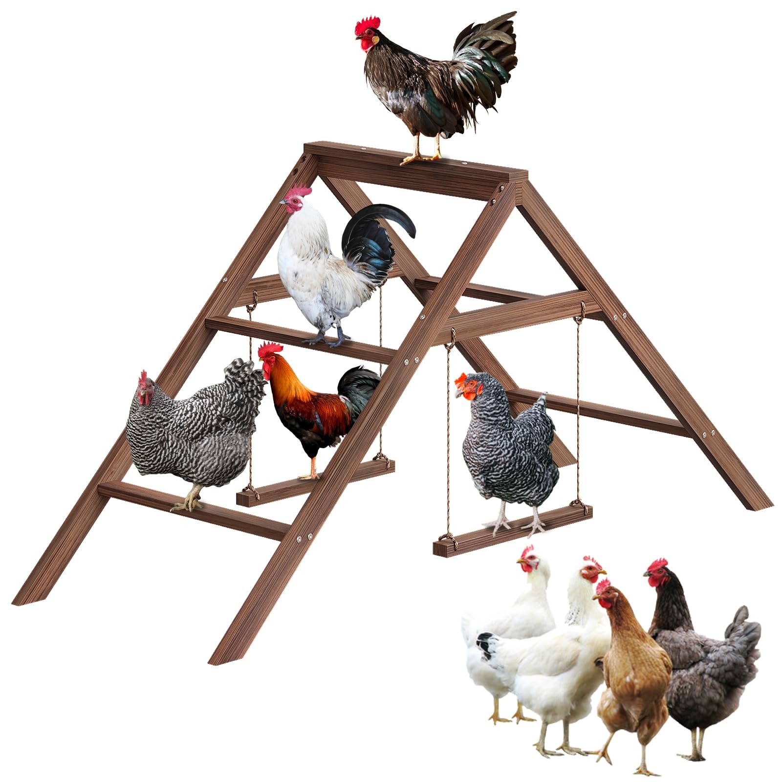 Vorhomness Large Chicken Perch with 2 Swings, Wood Roost Stand for 10-12 Chic...