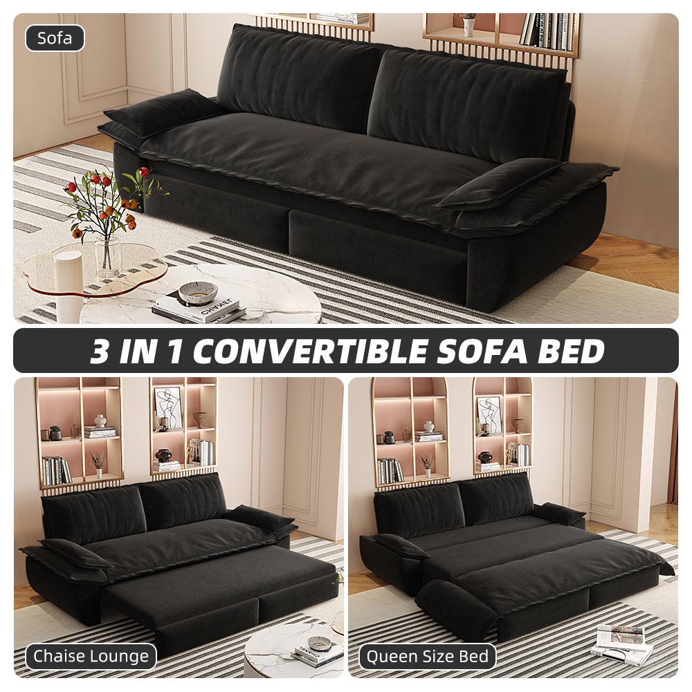 Queen Sofa Bed Pull Out Sleeper 3-in-1 Convertible Velvet Loveseat Black