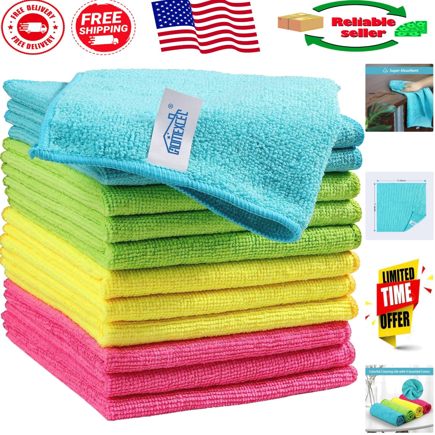 Streak-Free Microfiber Cleaning Cloths | 12PK, 11.5x11.5in, Reusable & Durable