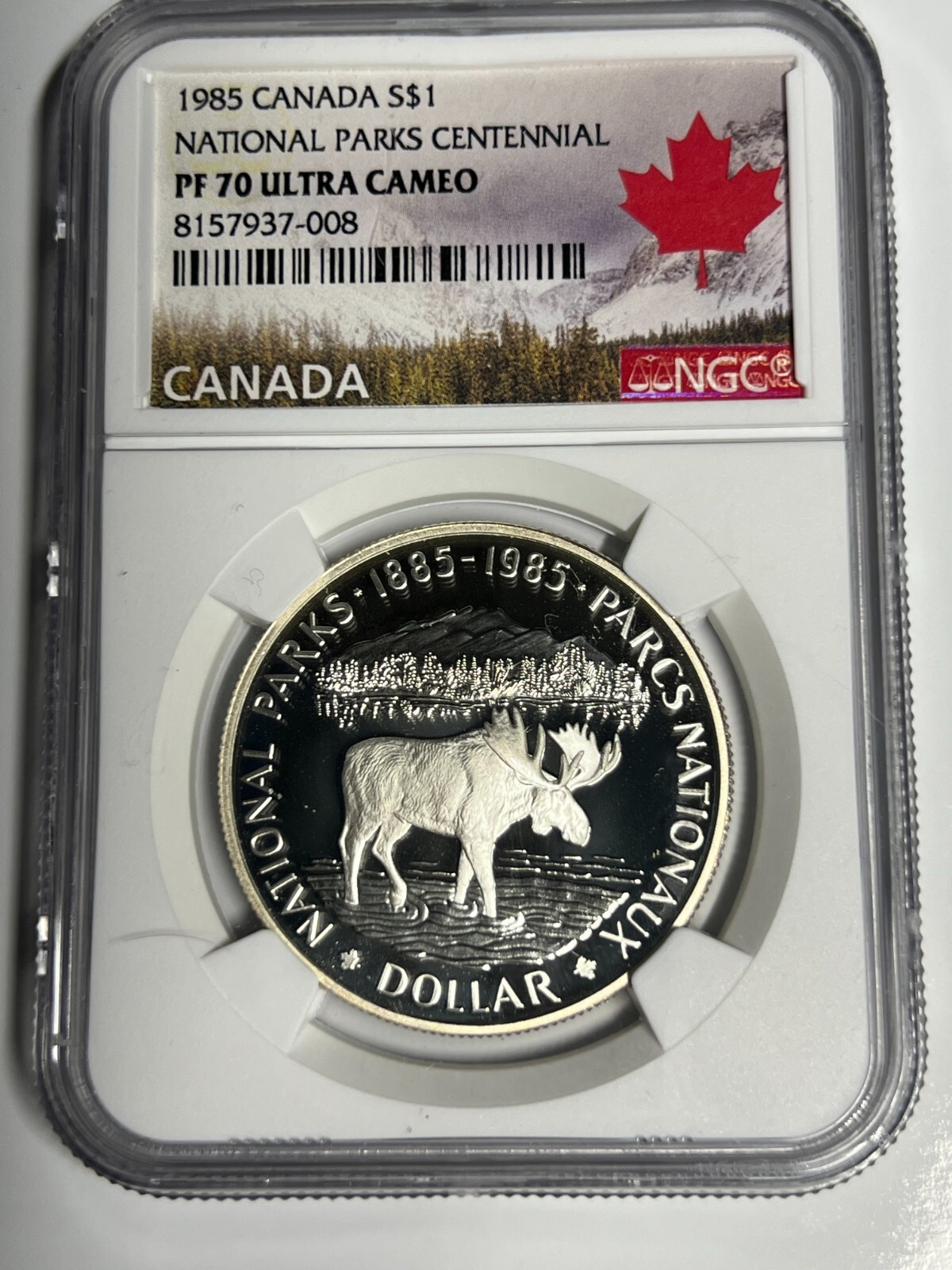 1985 PF70 UCam Canadian $1 Silver Dollar National Park Centennial NGC