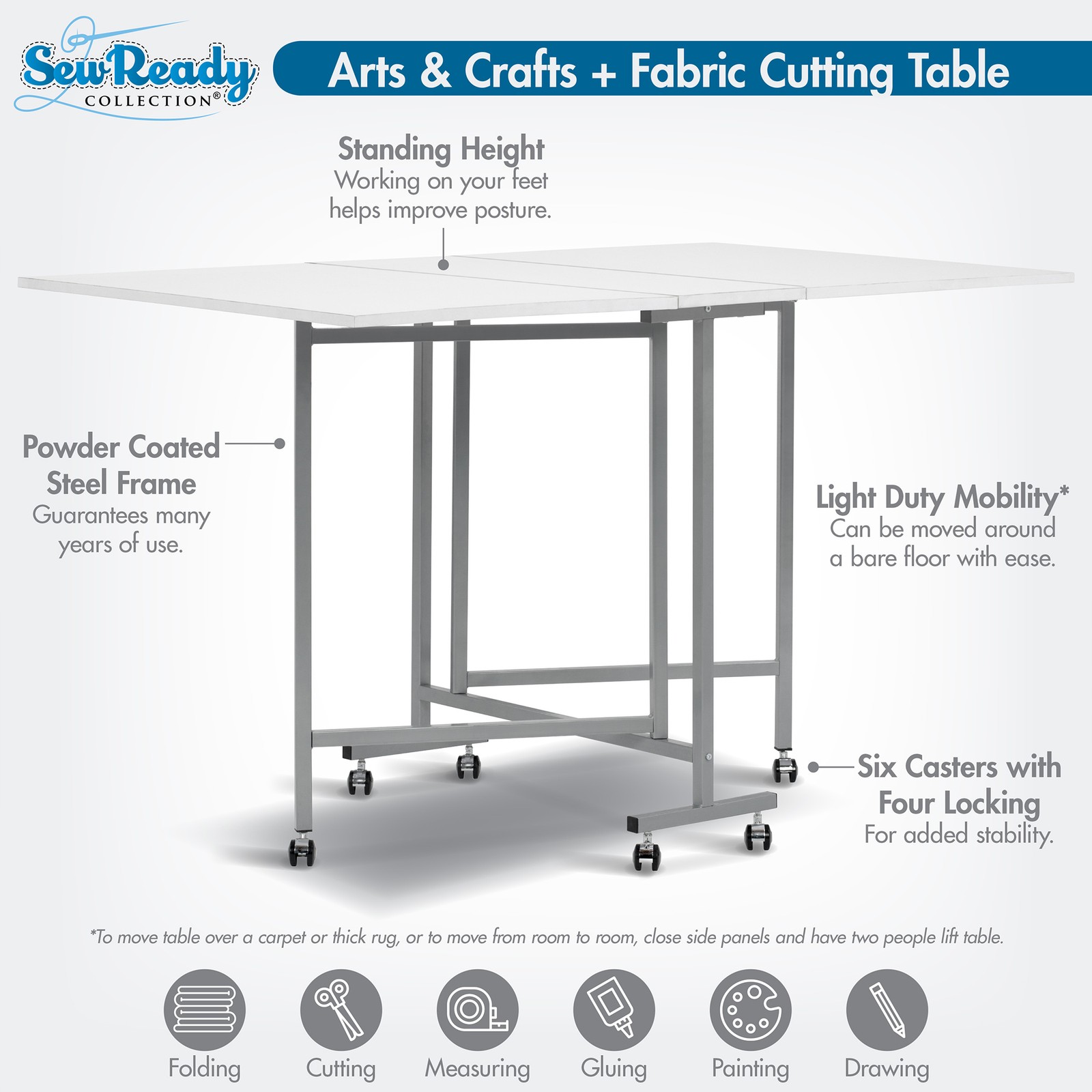 Sew Ready Folding Craft and Cutting Standing Table with Wheels, Silver/White