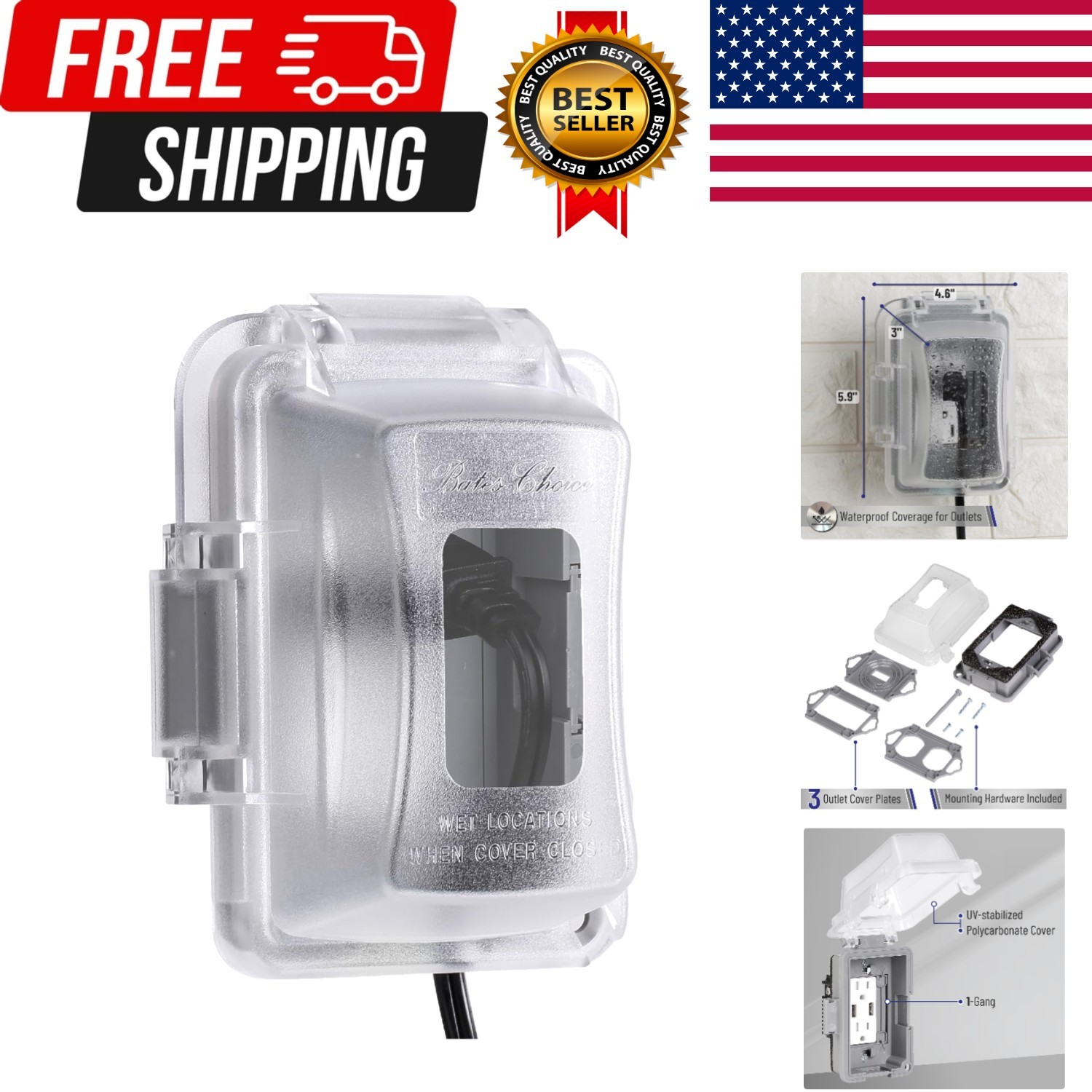 Bates- Weatherproof Electrical Outlet Cover, 1-Gang, Outdoor 1 Pack, Clear